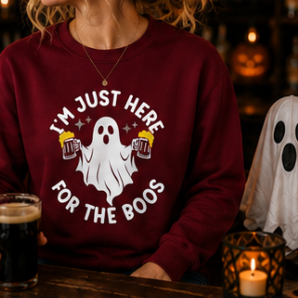 I'm Just Here for the Boos Unisex Crewneck Sweatshirt | Funny Halloween Ghost Beer Sweatshirt