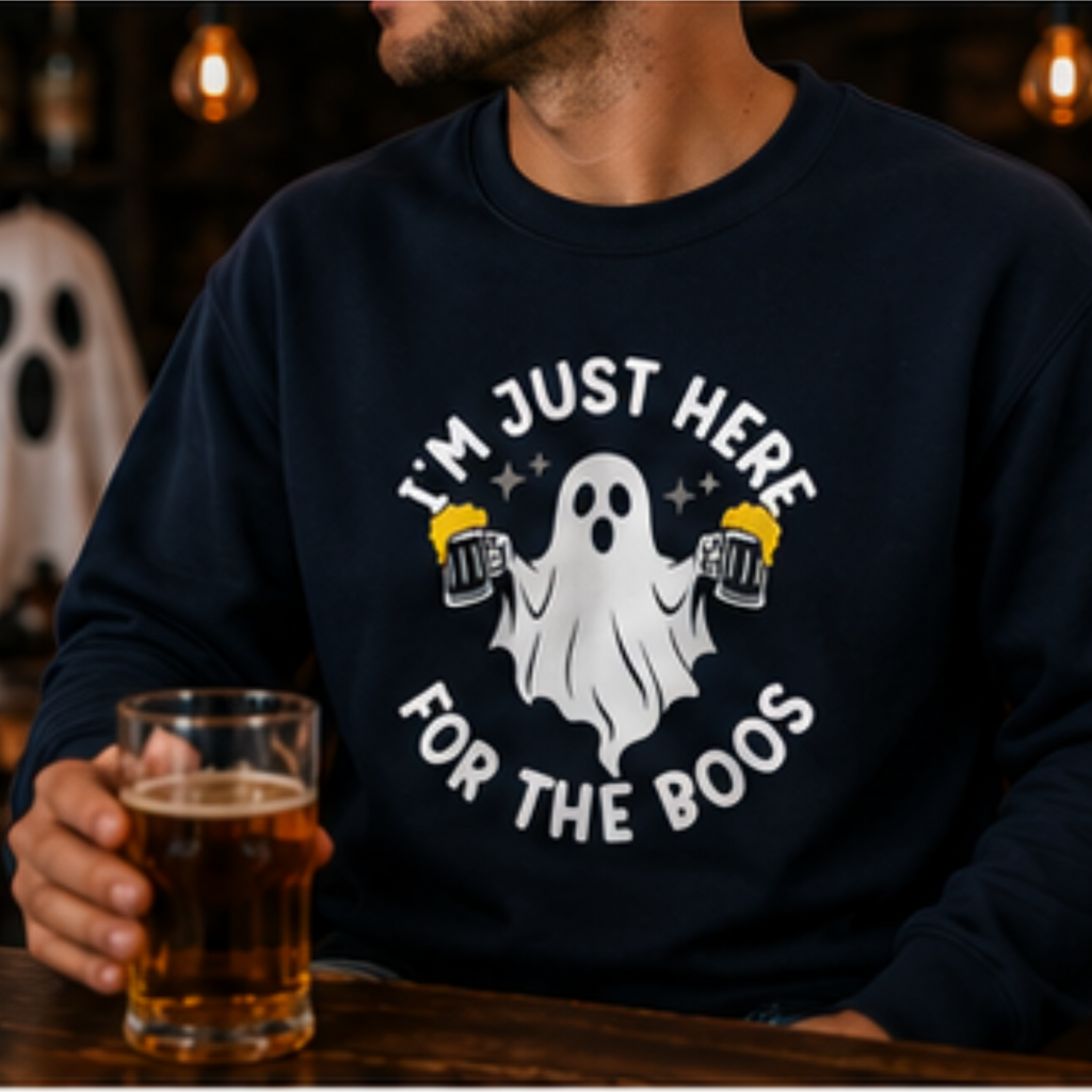 I'm Just Here for the Boos Unisex Crewneck Sweatshirt | Funny Halloween Ghost Beer Sweatshirt