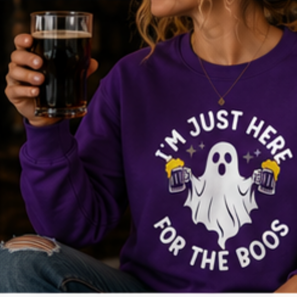 I'm Just Here for the Boos Unisex Crewneck Sweatshirt | Funny Halloween Ghost Beer Sweatshirt