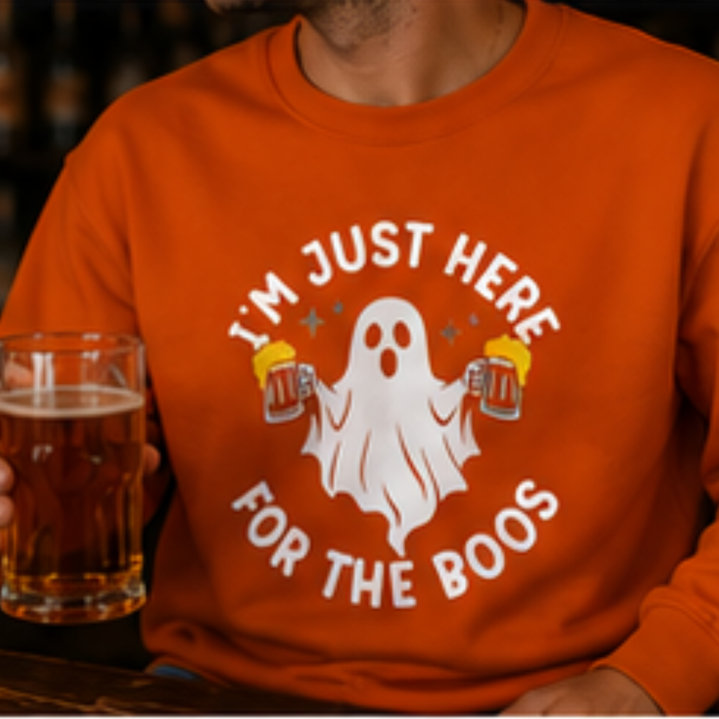 I'm Just Here for the Boos Unisex Crewneck Sweatshirt | Funny Halloween Ghost Beer Sweatshirt