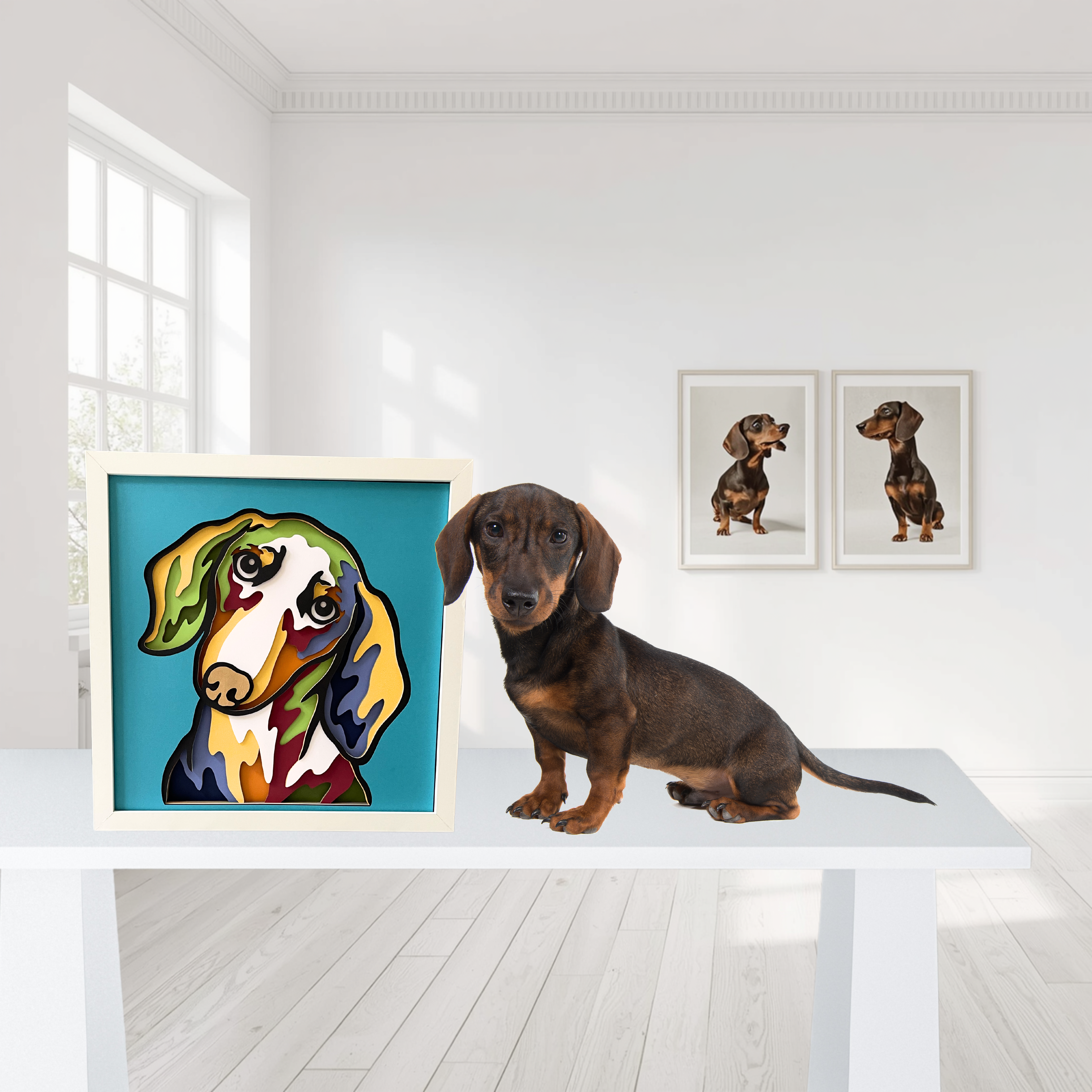 Dachshund Shadow Box Art | 12x12 Layered Paper Dog Decor | Wiener Dog Wall Art | Handmade Dachshund Gift | Pet Lover Home Decor