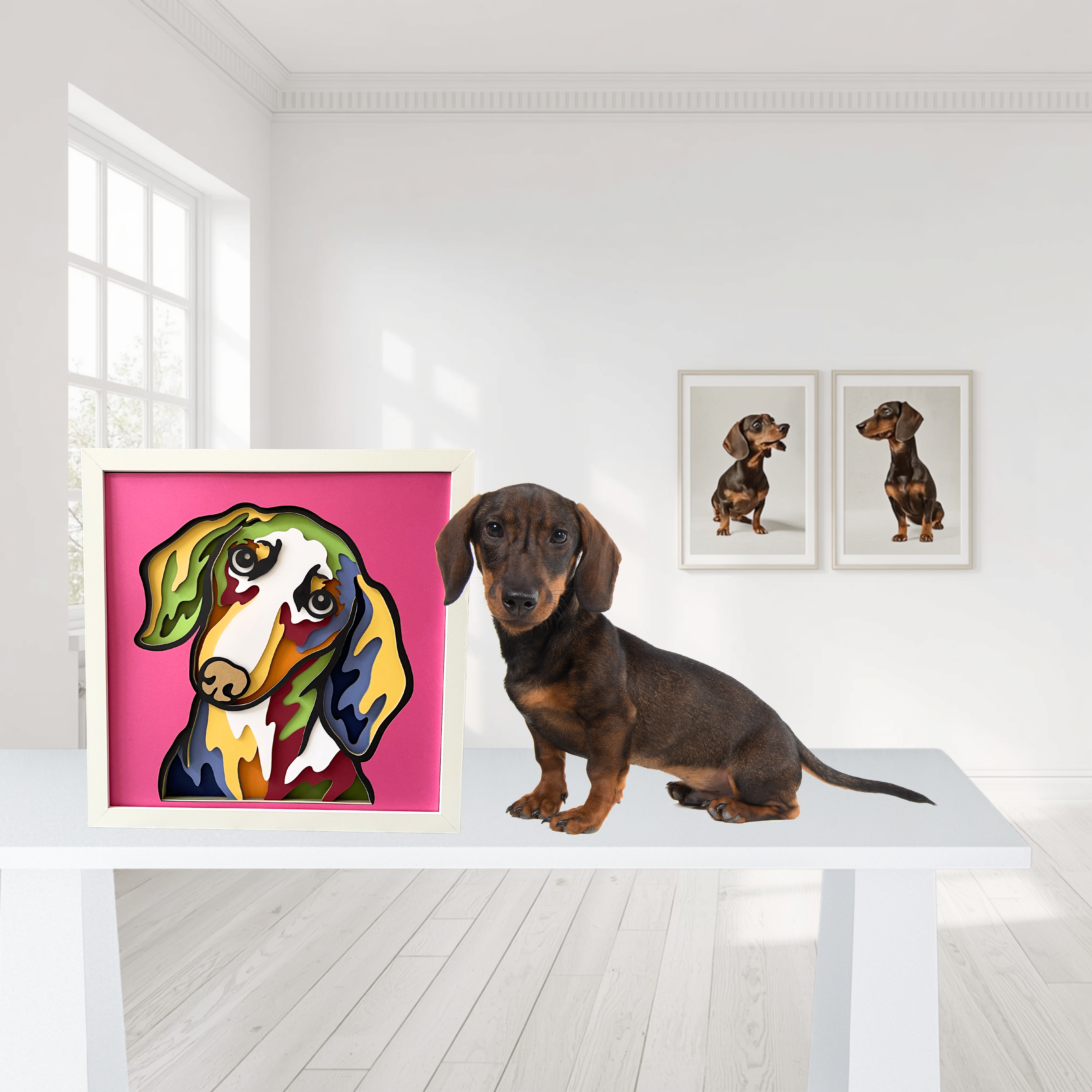 Dachshund Shadow Box Art | 12x12 Layered Paper Dog Decor | Wiener Dog Wall Art | Handmade Dachshund Gift | Pet Lover Home Decor