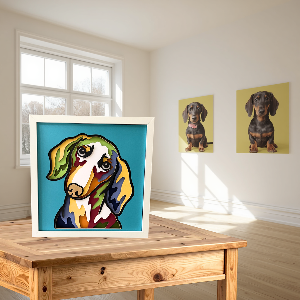 Dachshund Shadow Box Art | 12x12 Layered Paper Dog Decor | Wiener Dog Wall Art | Handmade Dachshund Gift | Pet Lover Home Decor