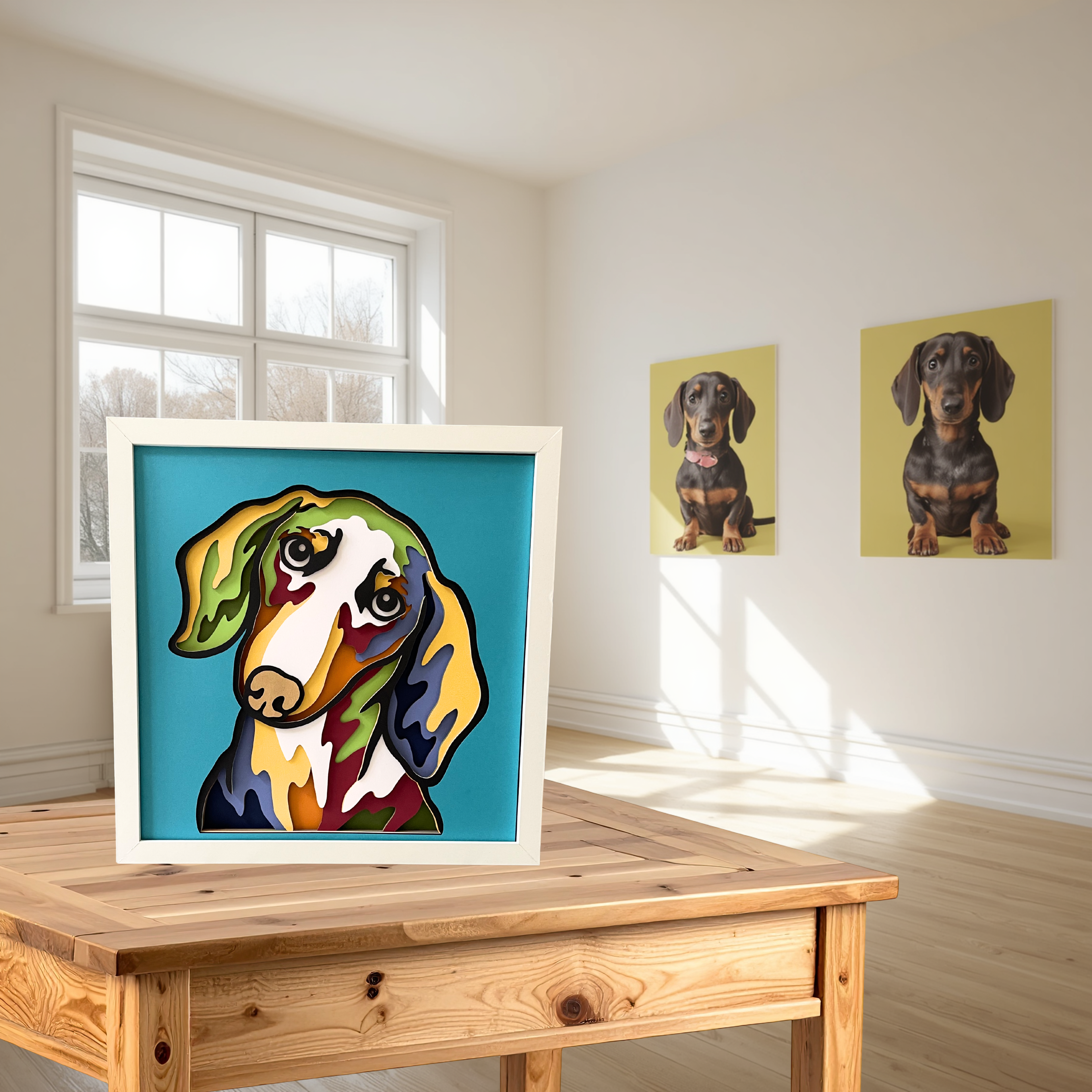 Dachshund Shadow Box Art | 12x12 Layered Paper Dog Decor | Wiener Dog Wall Art | Handmade Dachshund Gift | Pet Lover Home Decor
