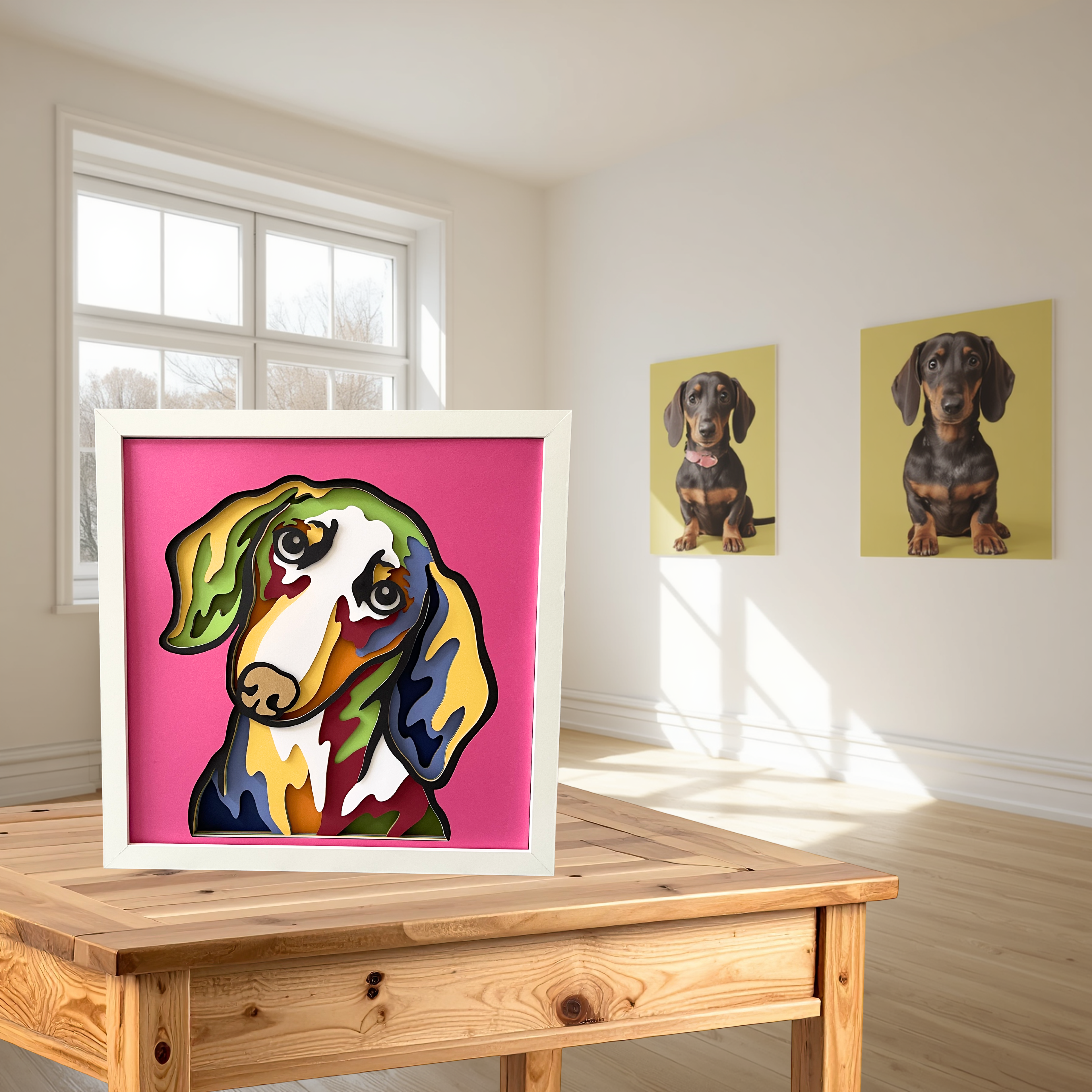 Dachshund Shadow Box Art | 12x12 Layered Paper Dog Decor | Wiener Dog Wall Art | Handmade Dachshund Gift | Pet Lover Home Decor