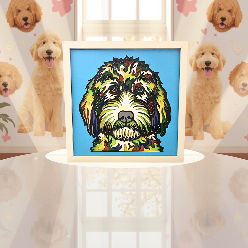 Goldendoodle Shadow Box Art – 12x12 Layered Paper Dog Wall Decor in White Frame