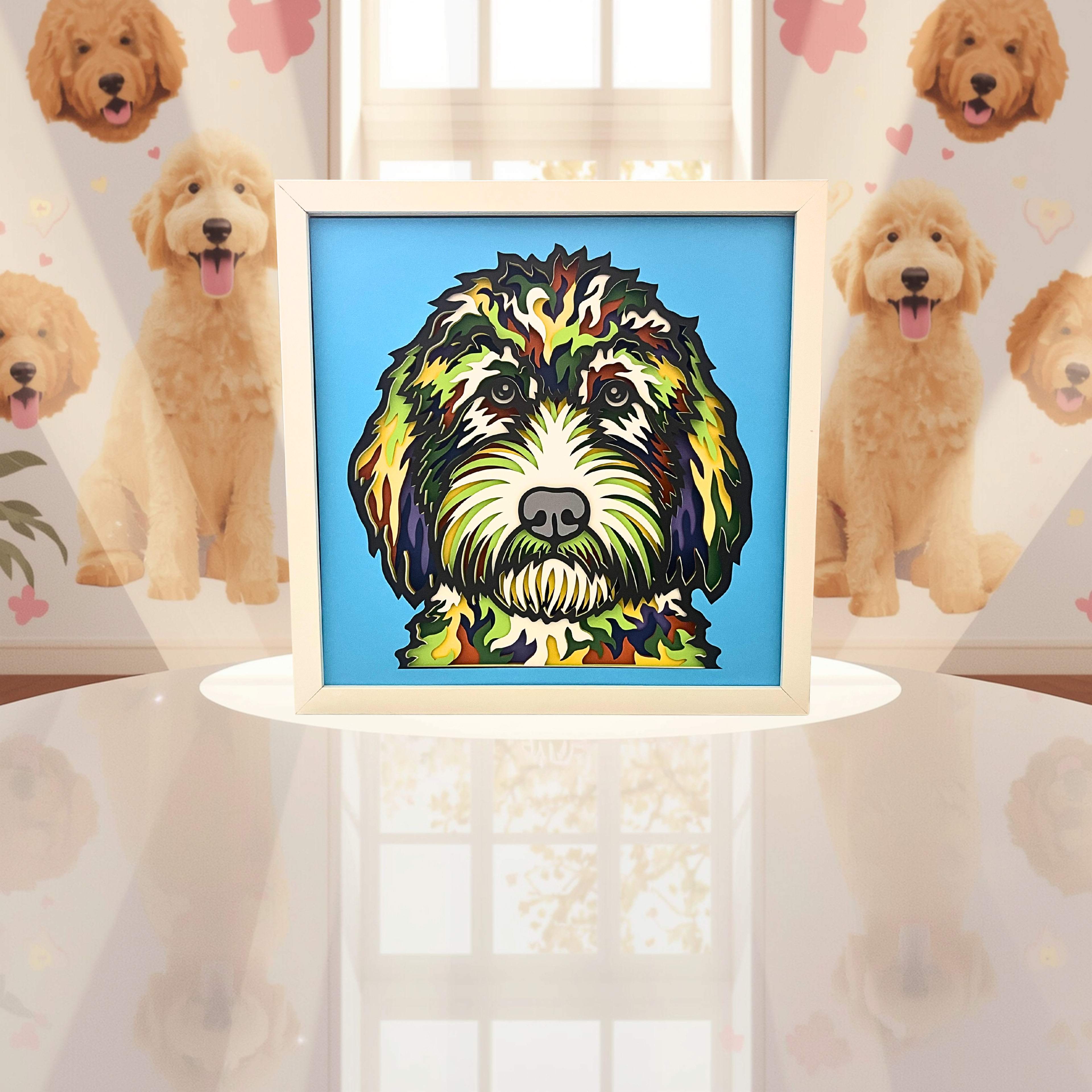 Goldendoodle Shadow Box Art – 12x12 Layered Paper Dog Wall Decor in White Frame