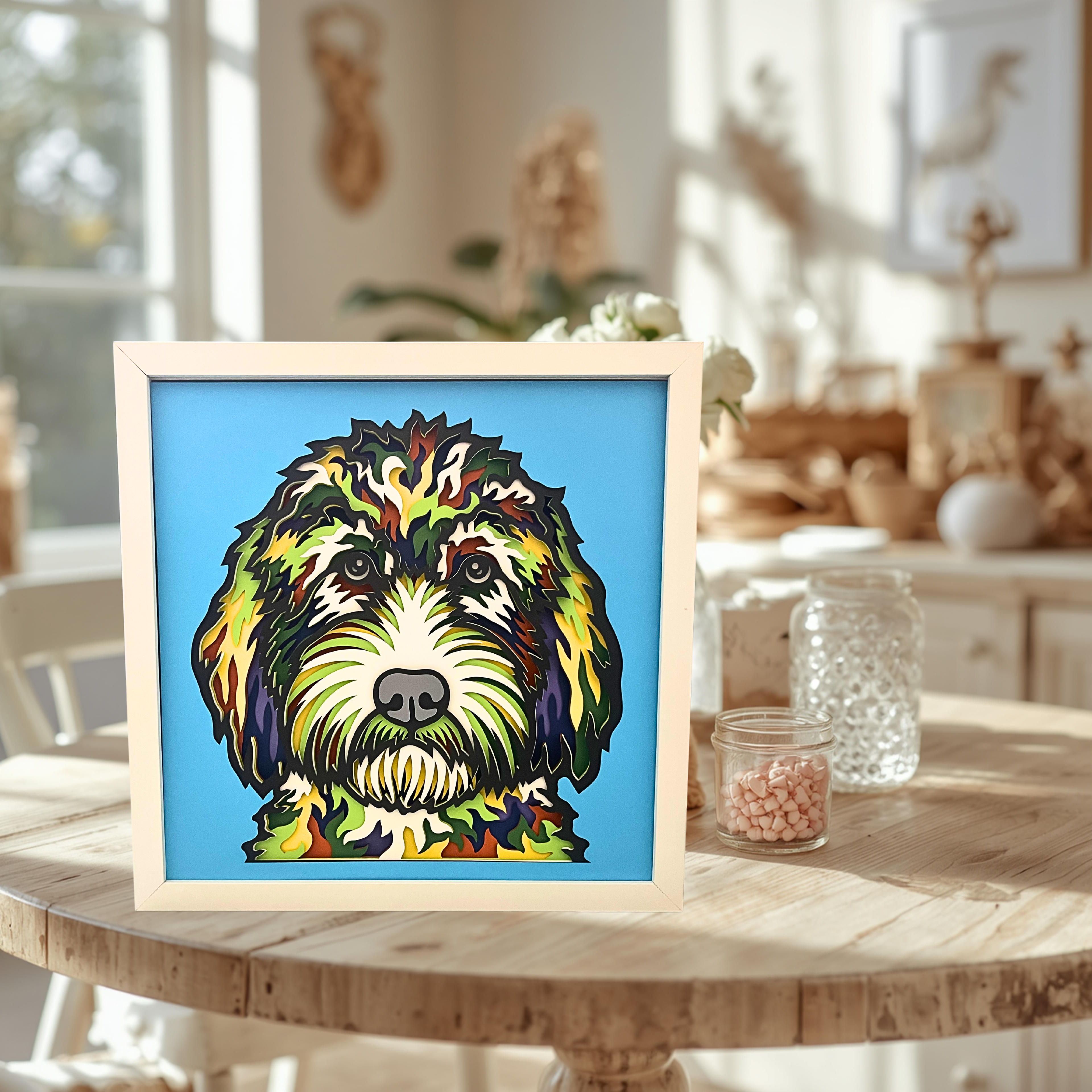Goldendoodle Shadow Box Art – 12x12 Layered Paper Dog Wall Decor in White Frame