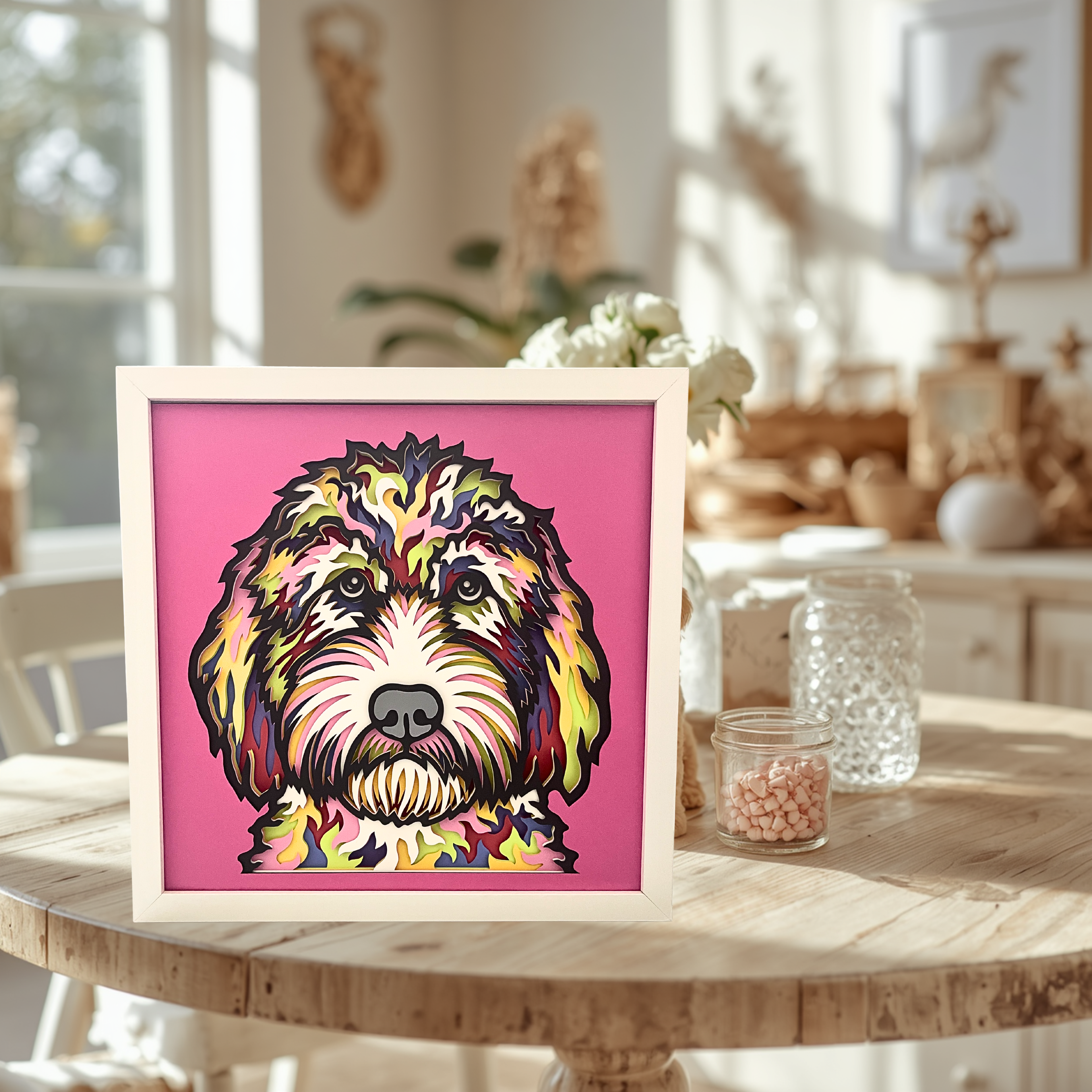 Goldendoodle Shadow Box Art – 12x12 Layered Paper Dog Wall Decor in White Frame