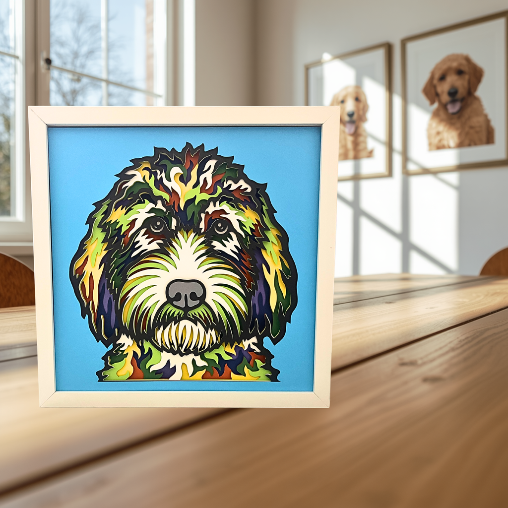 Goldendoodle Shadow Box Art – 12x12 Layered Paper Dog Wall Decor in White Frame