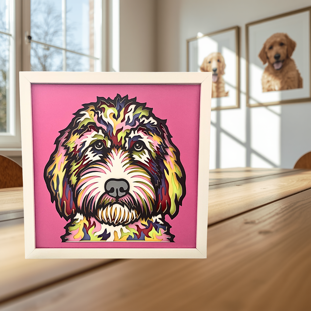 Goldendoodle Shadow Box Art – 12x12 Layered Paper Dog Wall Decor in White Frame