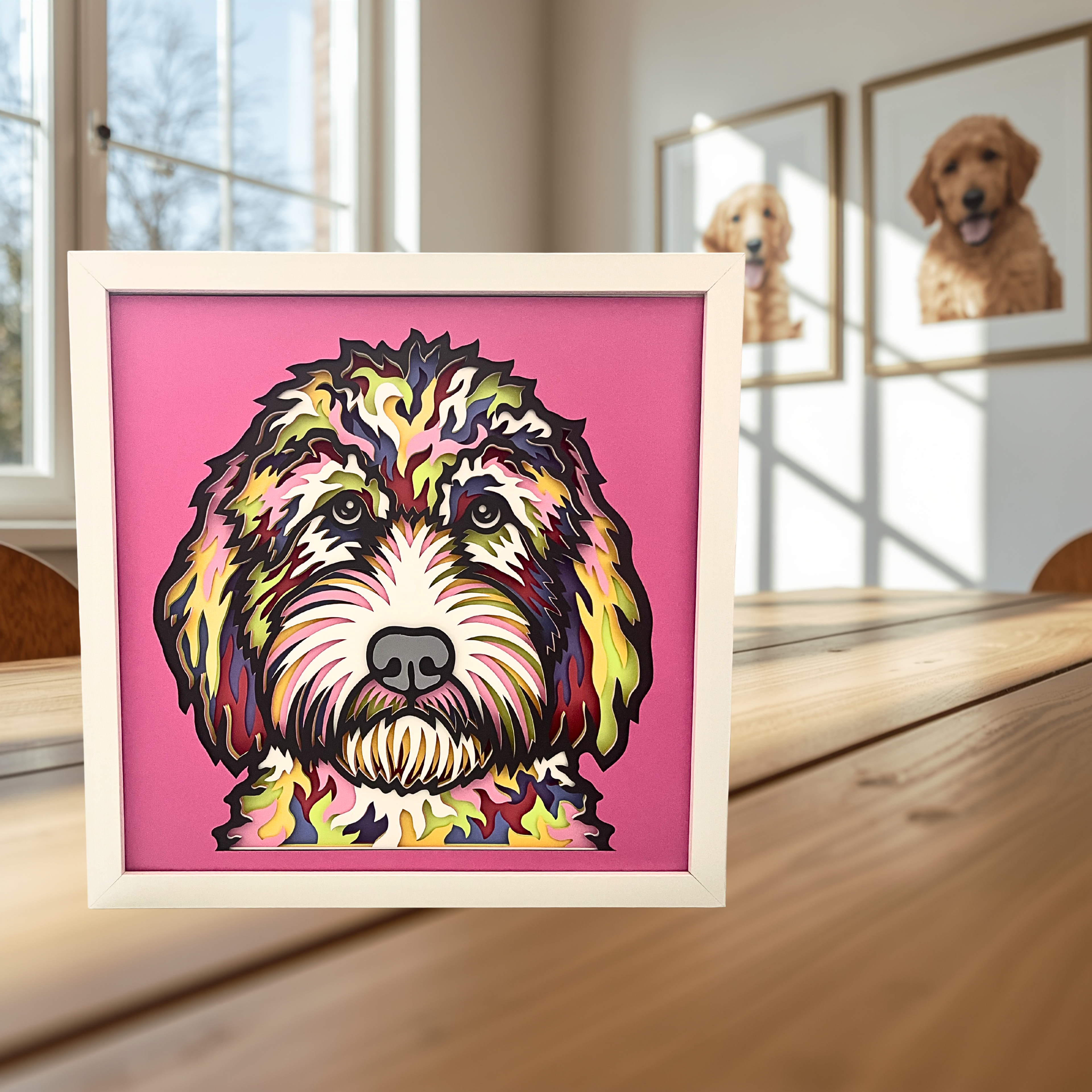 Goldendoodle Shadow Box Art – 12x12 Layered Paper Dog Wall Decor in White Frame