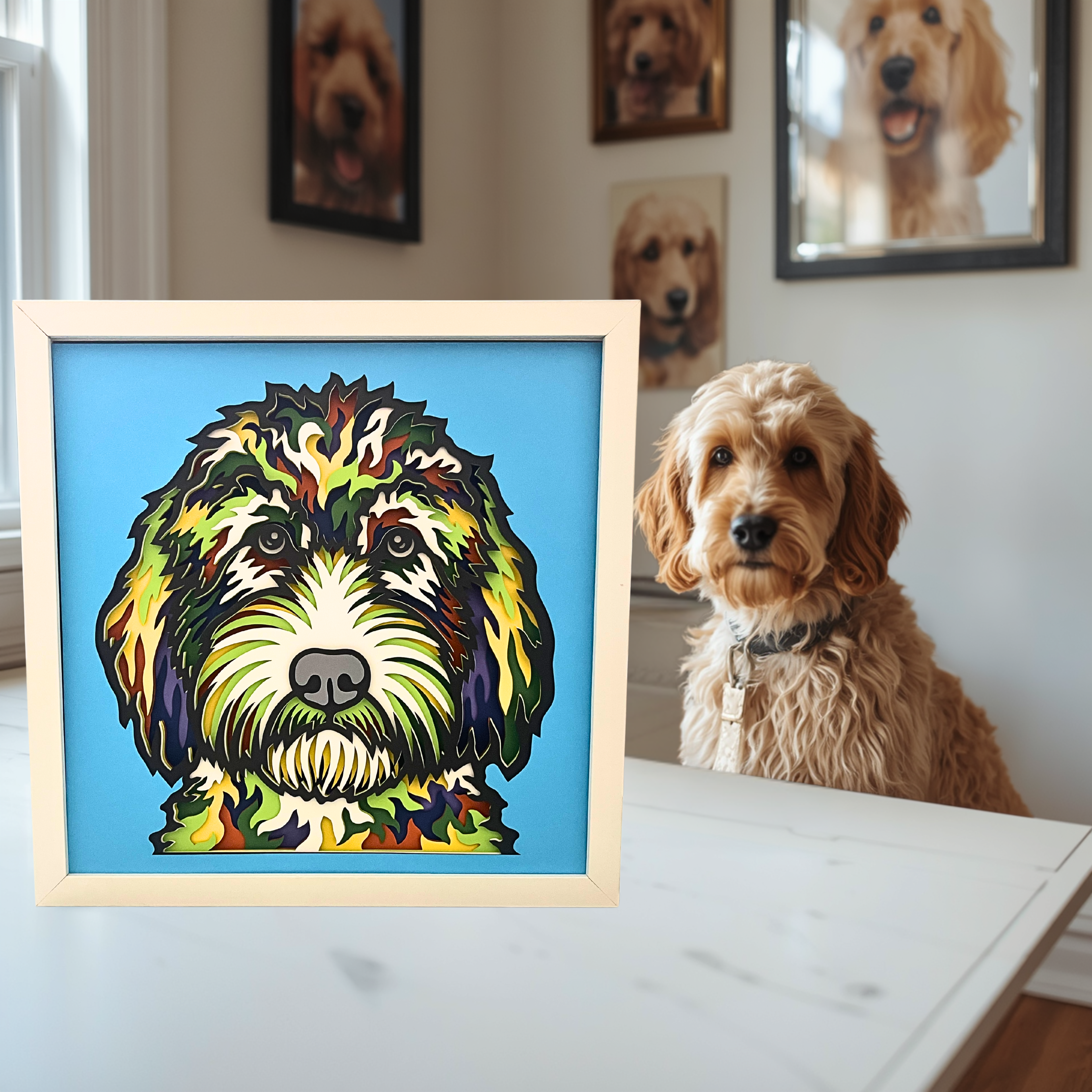 Goldendoodle Shadow Box Art – 12x12 Layered Paper Dog Wall Decor in White Frame