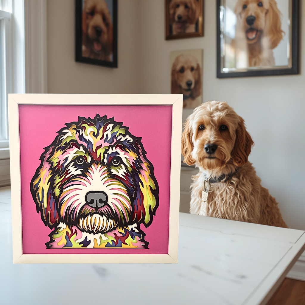 Goldendoodle Shadow Box Art – 12x12 Layered Paper Dog Wall Decor in White Frame