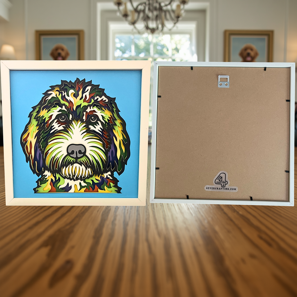 Goldendoodle Shadow Box Art – 12x12 Layered Paper Dog Wall Decor in White Frame