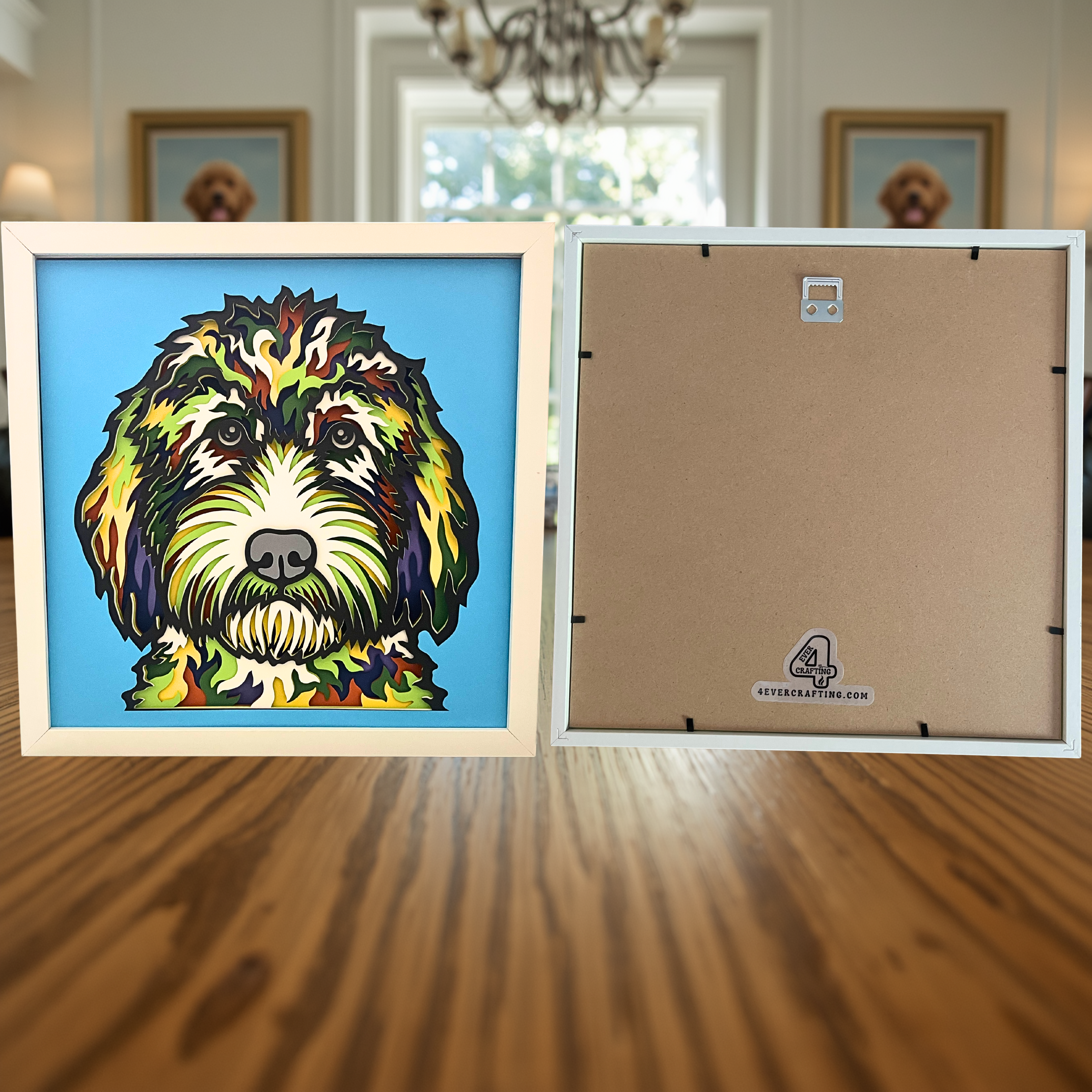 Goldendoodle Shadow Box Art – 12x12 Layered Paper Dog Wall Decor in White Frame