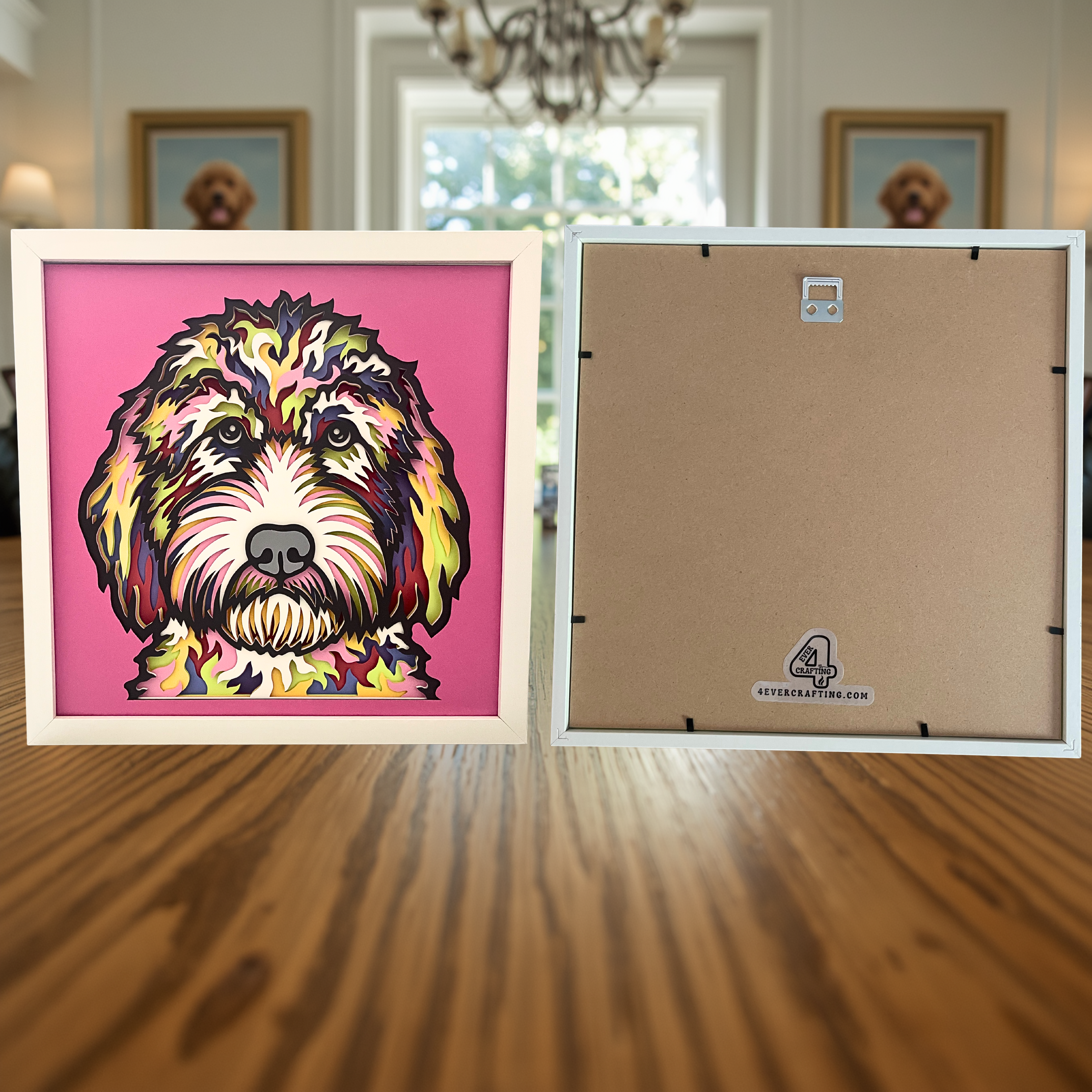 Goldendoodle Shadow Box Art – 12x12 Layered Paper Dog Wall Decor in White Frame