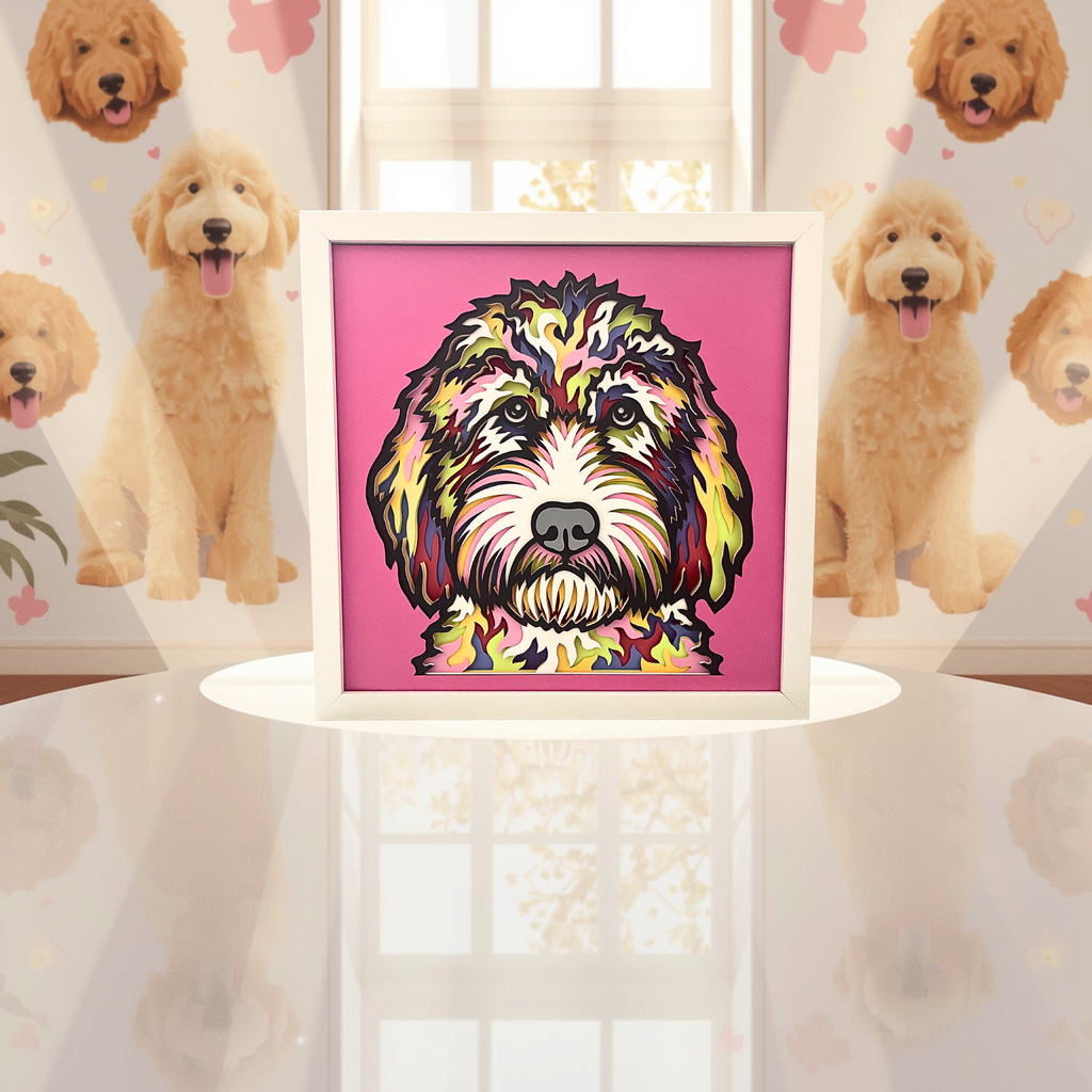 Goldendoodle Shadow Box Art – 12x12 Layered Paper Dog Wall Decor in White Frame