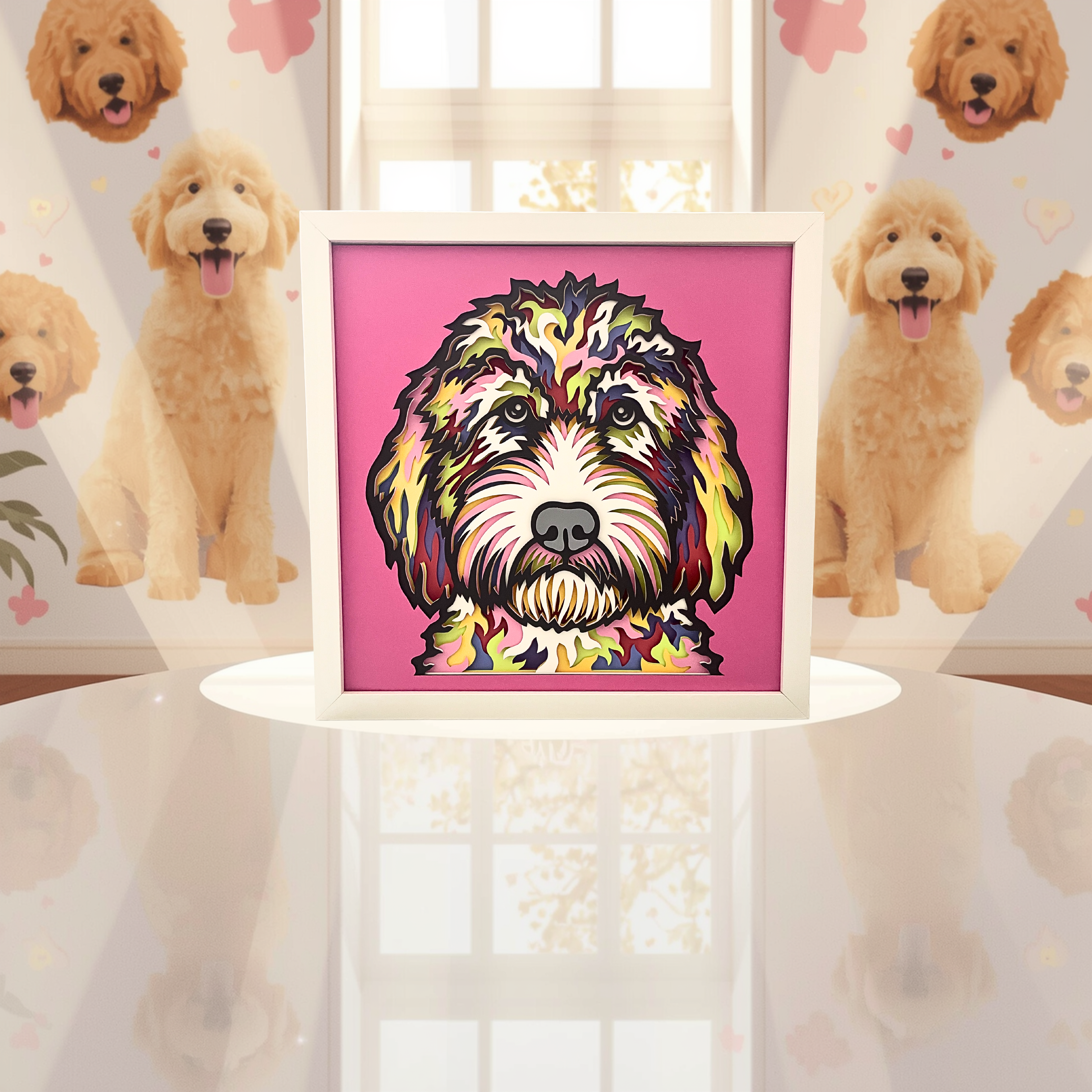 Goldendoodle Shadow Box Art – 12x12 Layered Paper Dog Wall Decor in White Frame