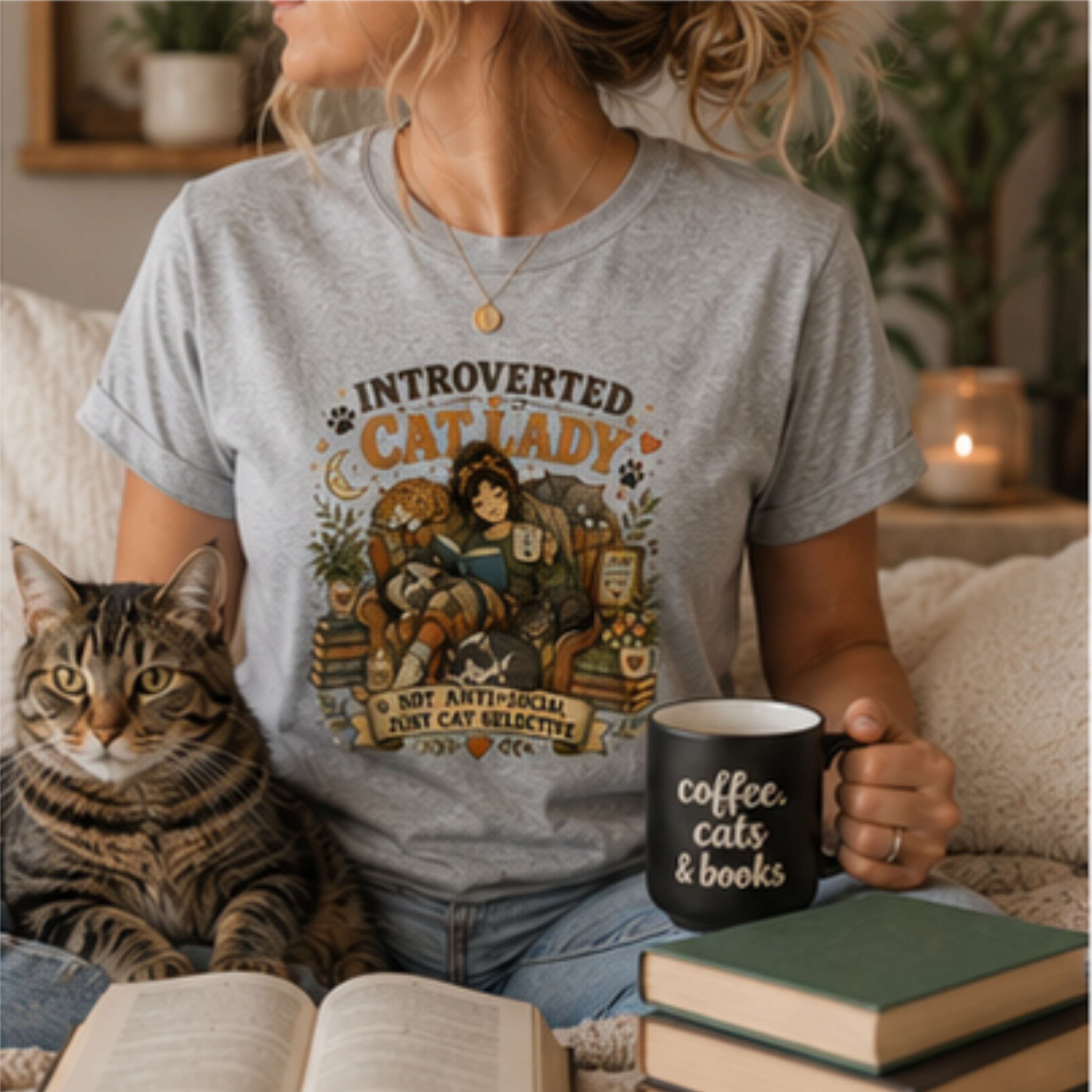 Introverted Cat Lady T-Shirt | Cat Lover Graphic Tee for Women | Book & Coffee Lover Shirt | Cat Mom Gift