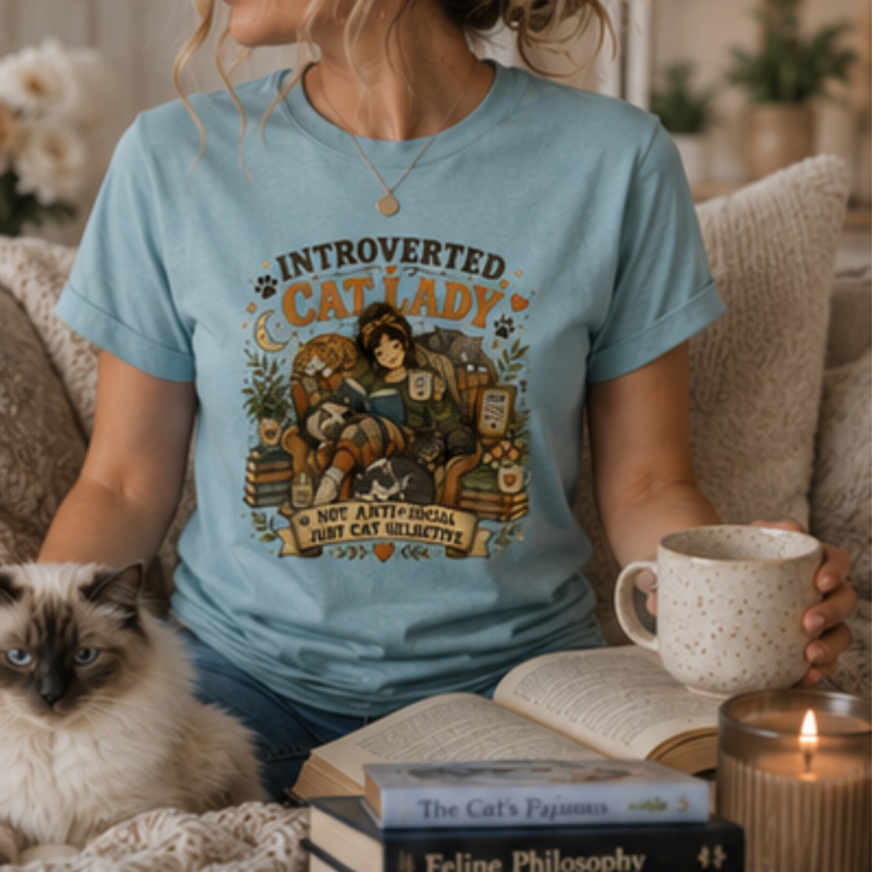 Introverted Cat Lady T-Shirt | Cat Lover Graphic Tee for Women | Book & Coffee Lover Shirt | Cat Mom Gift