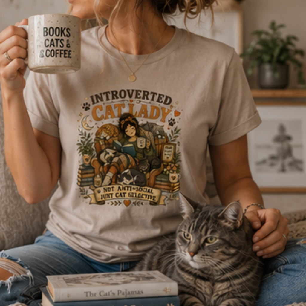 Introverted Cat Lady T-Shirt | Cat Lover Graphic Tee for Women | Book & Coffee Lover Shirt | Cat Mom Gift