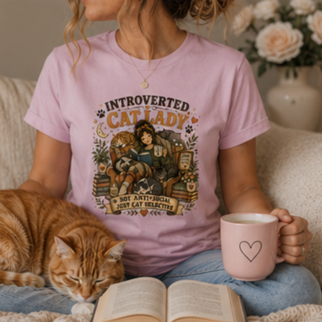 Introverted Cat Lady T-Shirt | Cat Lover Graphic Tee for Women | Book & Coffee Lover Shirt | Cat Mom Gift