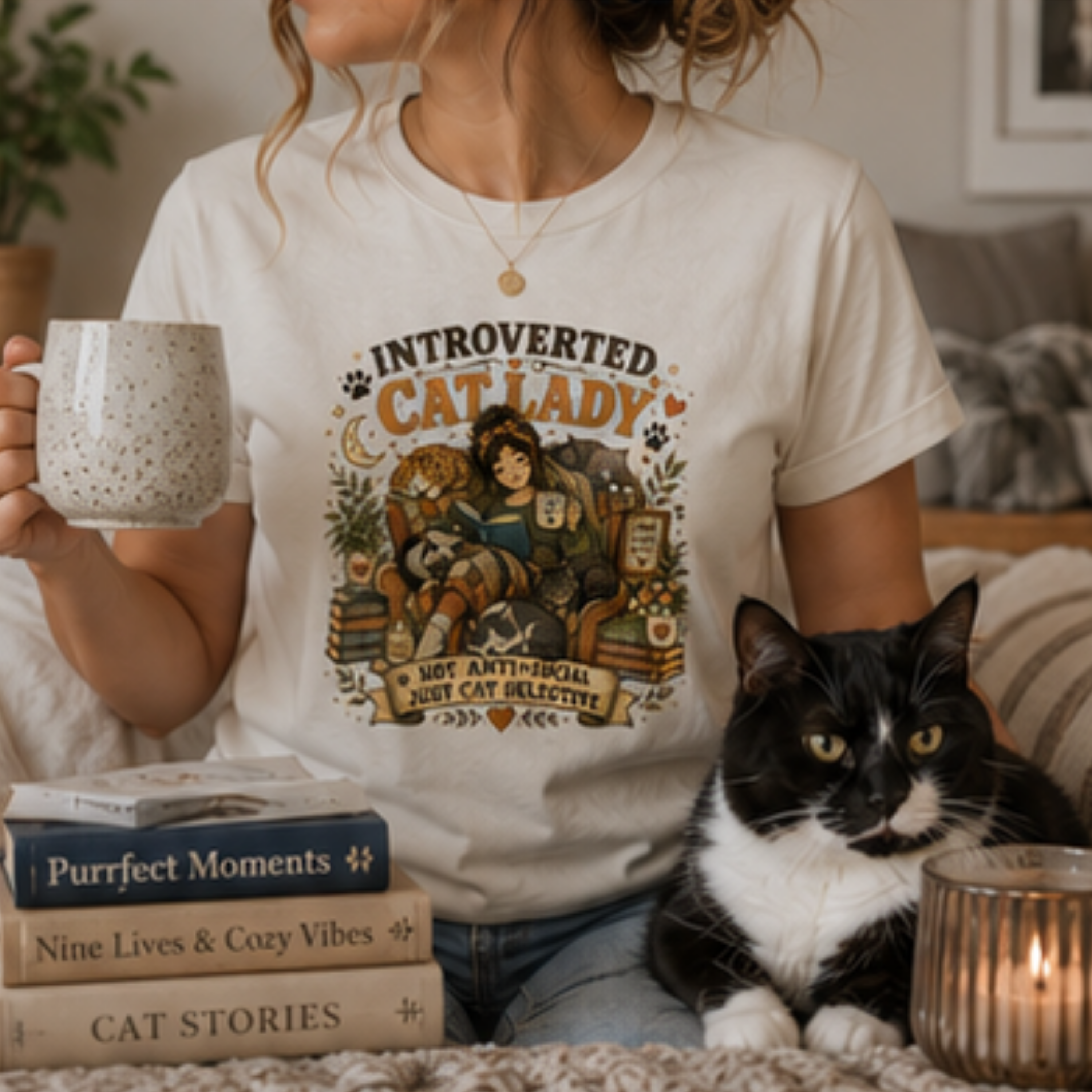 Introverted Cat Lady T-Shirt | Cat Lover Graphic Tee for Women | Book & Coffee Lover Shirt | Cat Mom Gift