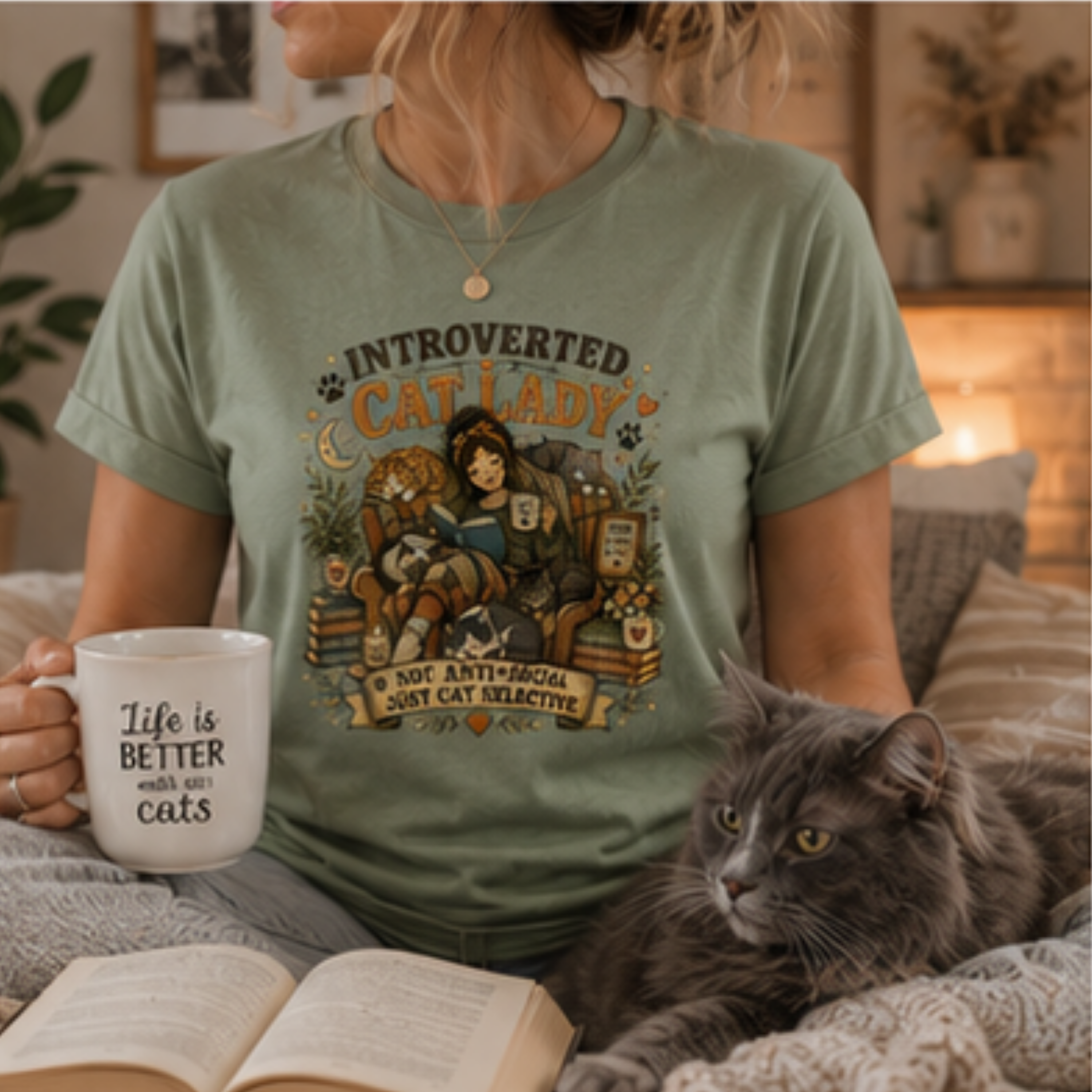 Introverted Cat Lady T-Shirt | Cat Lover Graphic Tee for Women | Book & Coffee Lover Shirt | Cat Mom Gift