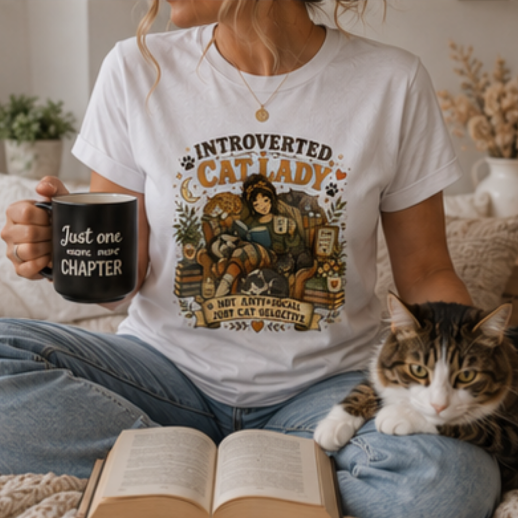 Introverted Cat Lady T-Shirt | Cat Lover Graphic Tee for Women | Book & Coffee Lover Shirt | Cat Mom Gift