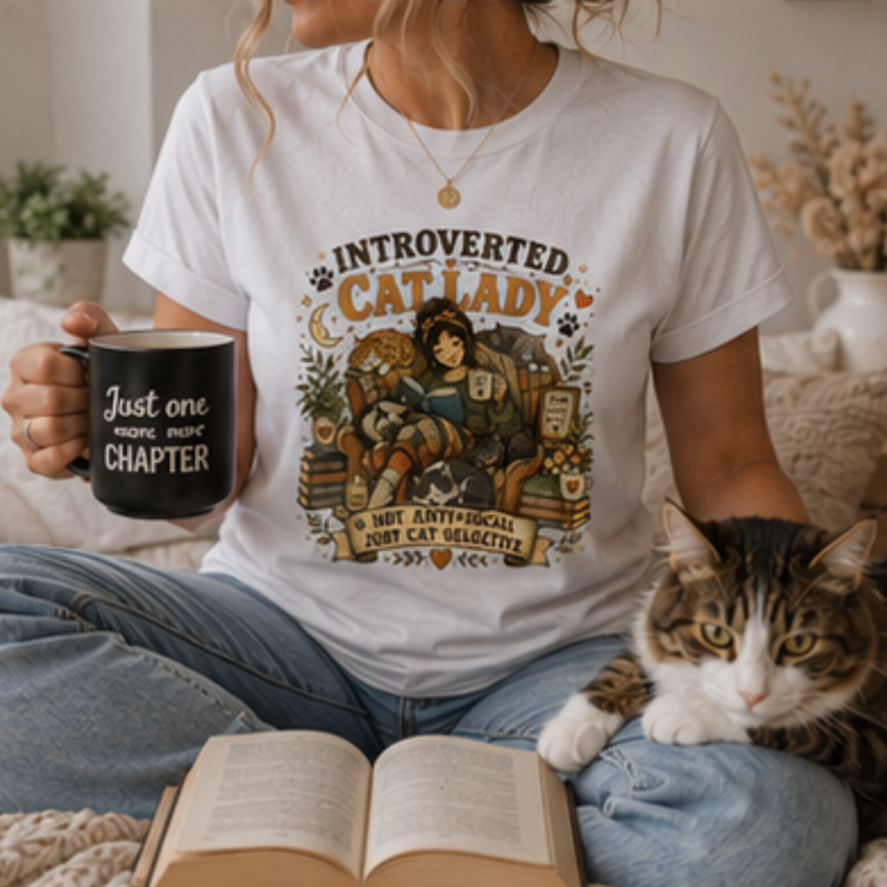Introverted Cat Lady T-Shirt | Cat Lover Graphic Tee for Women | Book & Coffee Lover Shirt | Cat Mom Gift