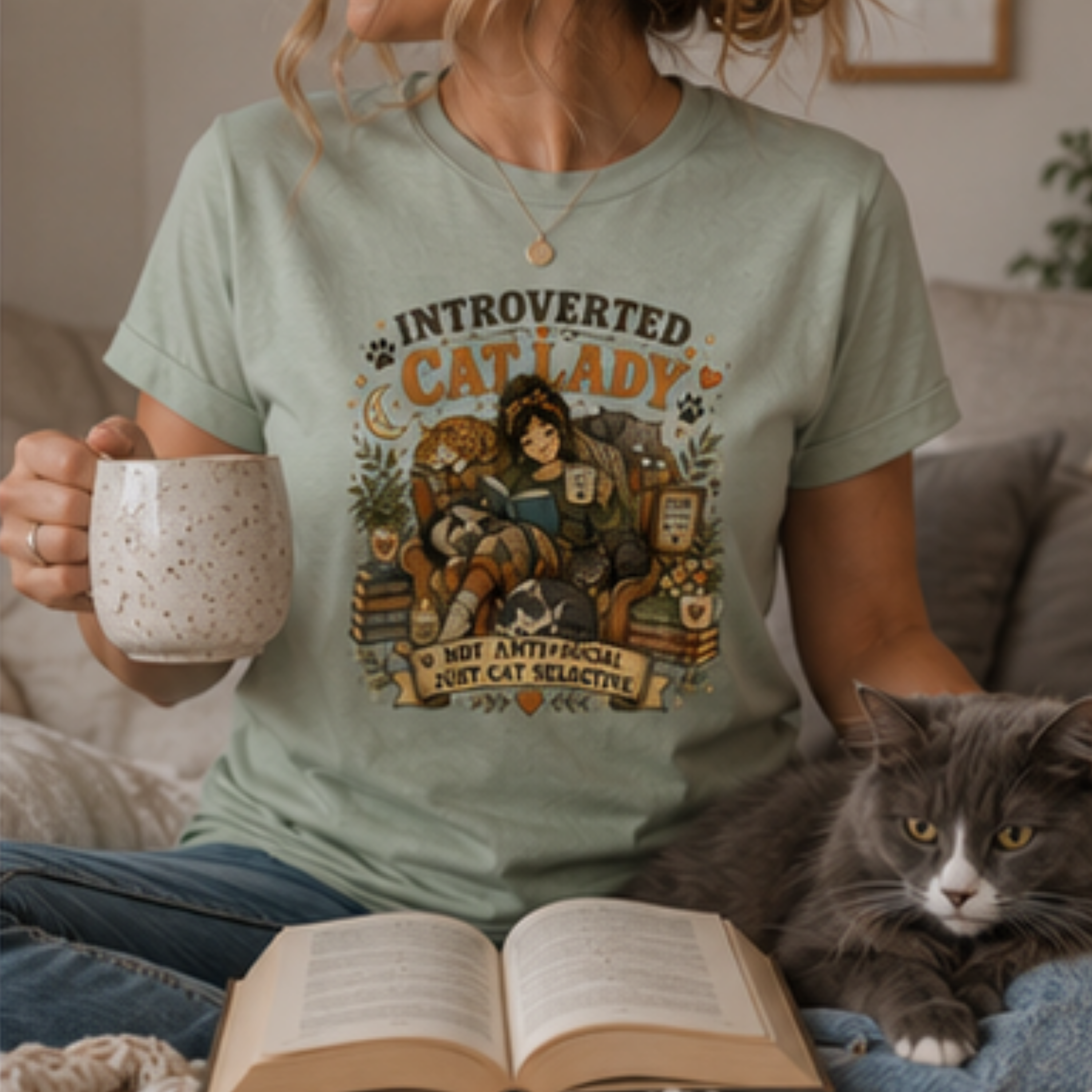Introverted Cat Lady T-Shirt | Cat Lover Graphic Tee for Women | Book & Coffee Lover Shirt | Cat Mom Gift