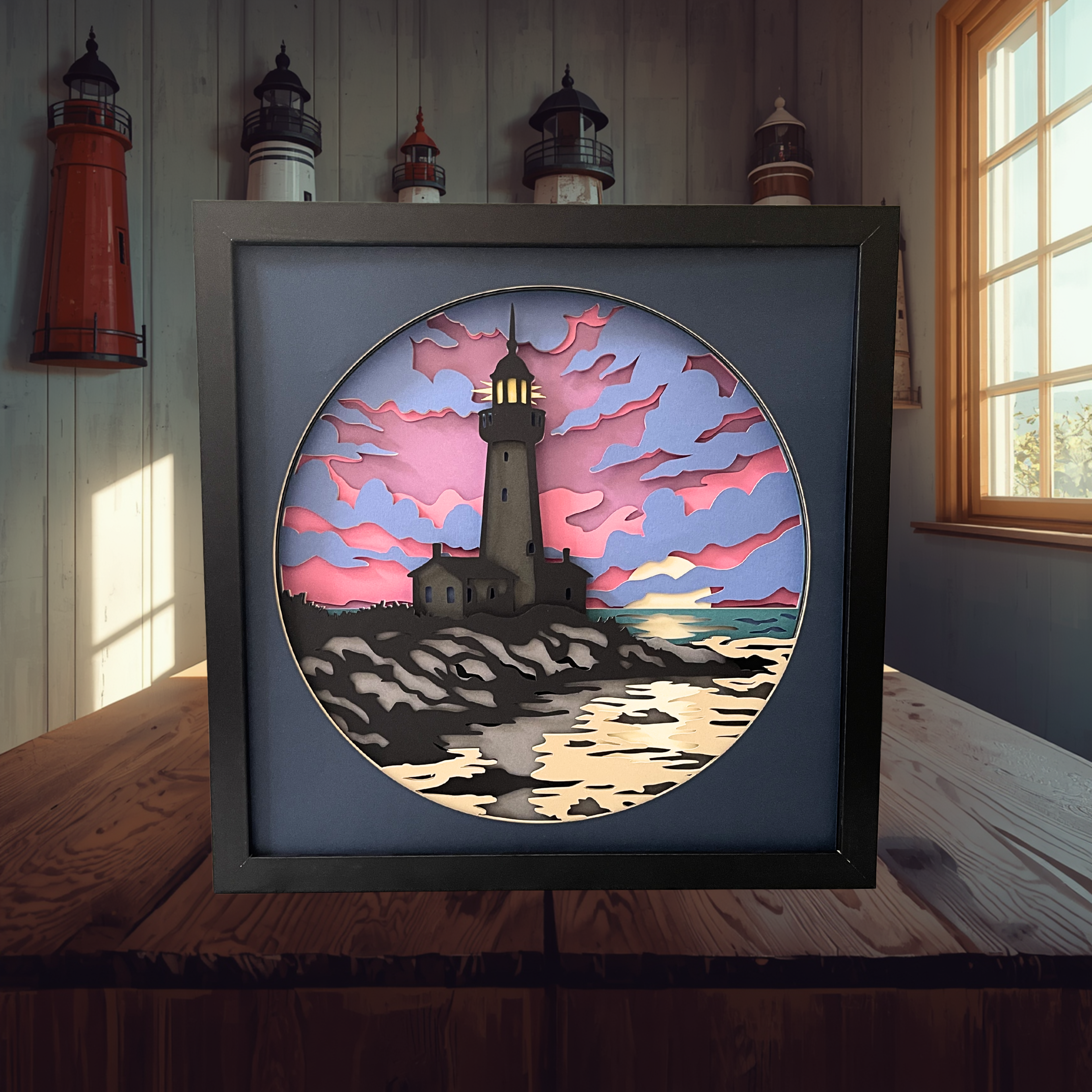 Lighthouse Sunset Shadow Box