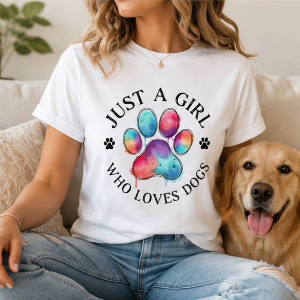 Just a Girl Who Loves Dogs Women's T-Shirt | Colorful Paw Print Dog Lover Tee | Cute Dog Mom Graphic Shirt