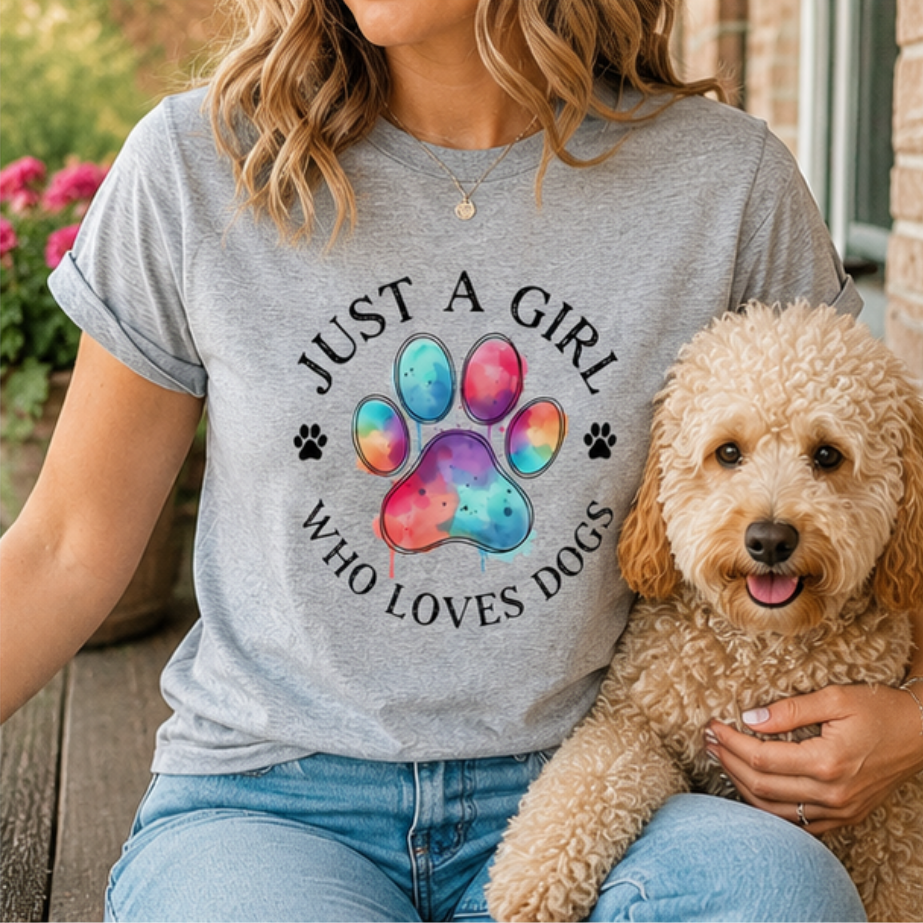 Just a Girl Who Loves Dogs Women's T-Shirt | Colorful Paw Print Dog Lover Tee | Cute Dog Mom Graphic Shirt