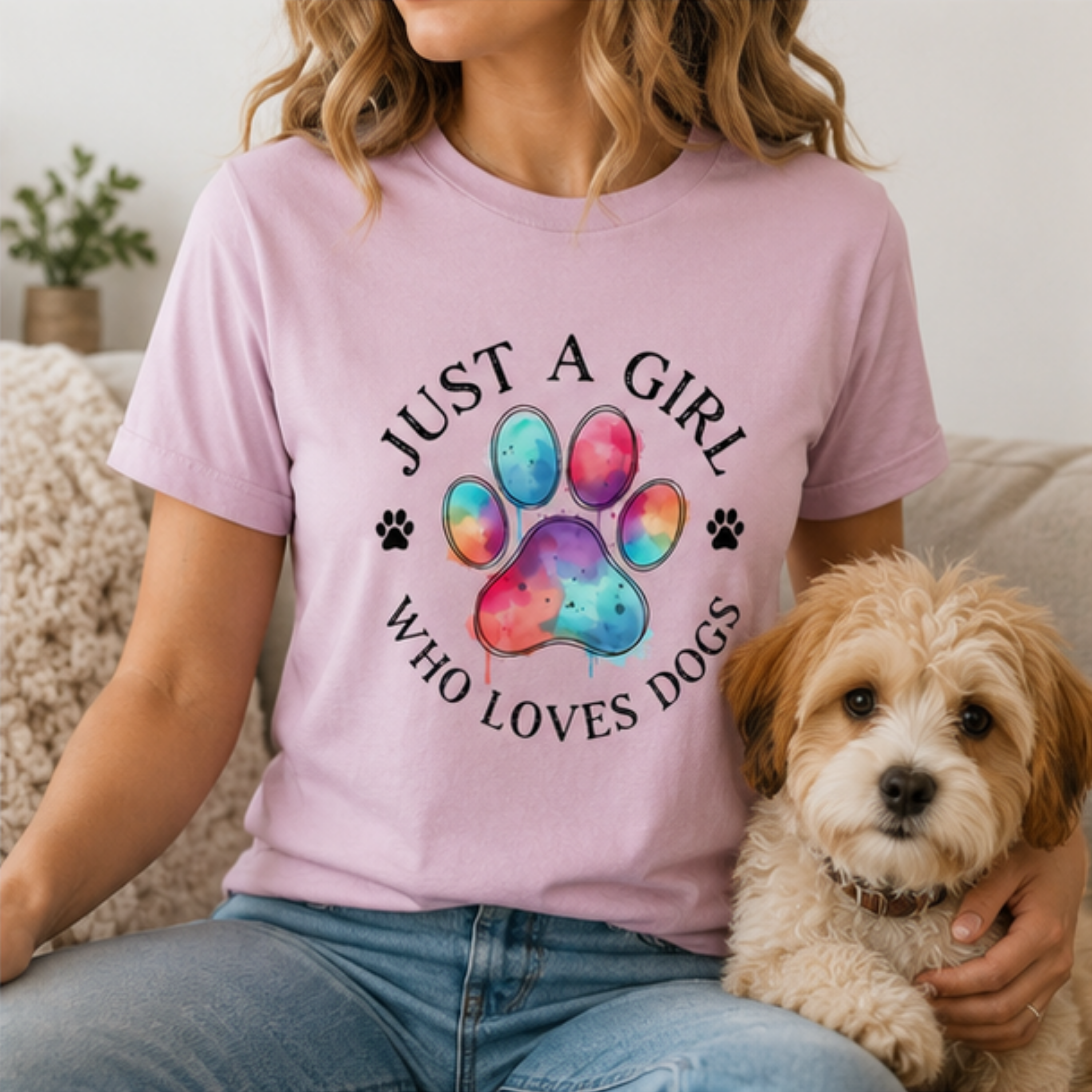Just a Girl Who Loves Dogs Women's T-Shirt | Colorful Paw Print Dog Lover Tee | Cute Dog Mom Graphic Shirt