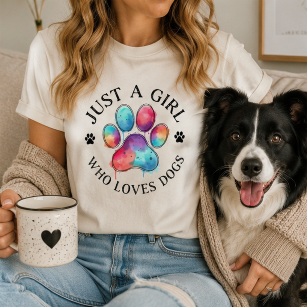 Just a Girl Who Loves Dogs Women's T-Shirt | Colorful Paw Print Dog Lover Tee | Cute Dog Mom Graphic Shirt