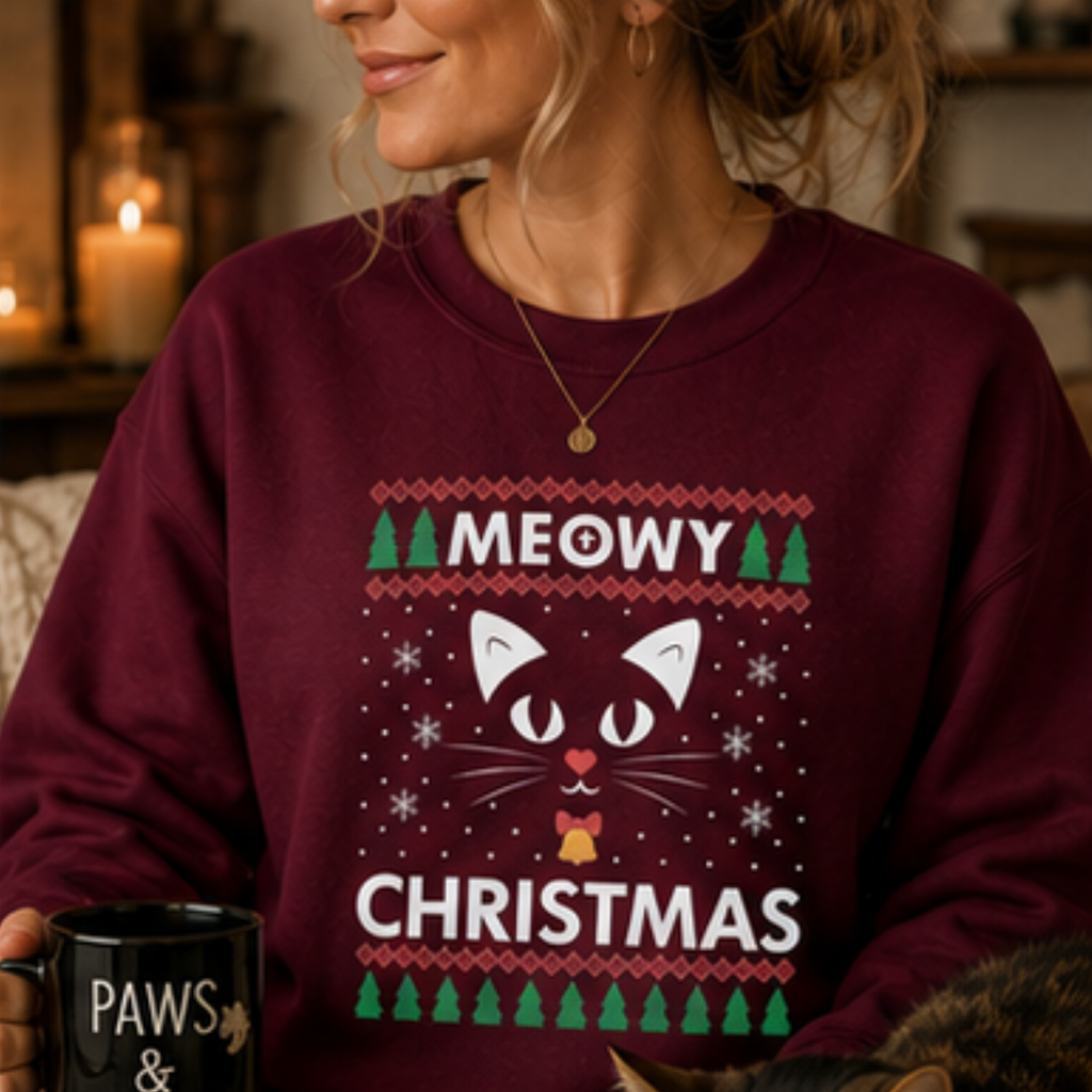 Meowy Christmas Unisex Christmas Sweatshirt | Funny Cat Lover Holiday Crewneck