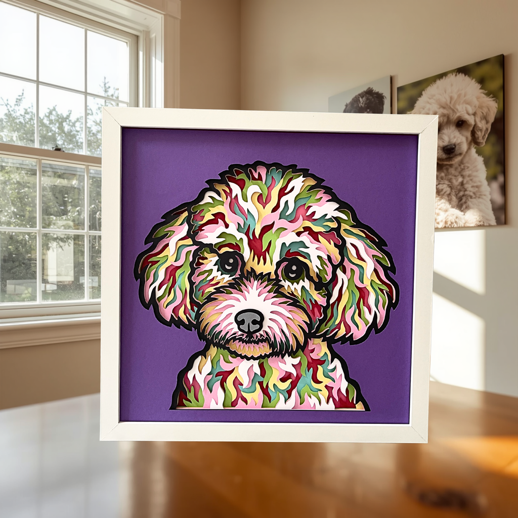 Poodle Shadow Box Art – 12x12 Layered Paper Dog Wall Decor | Handmade Poodle Gift in White Frame