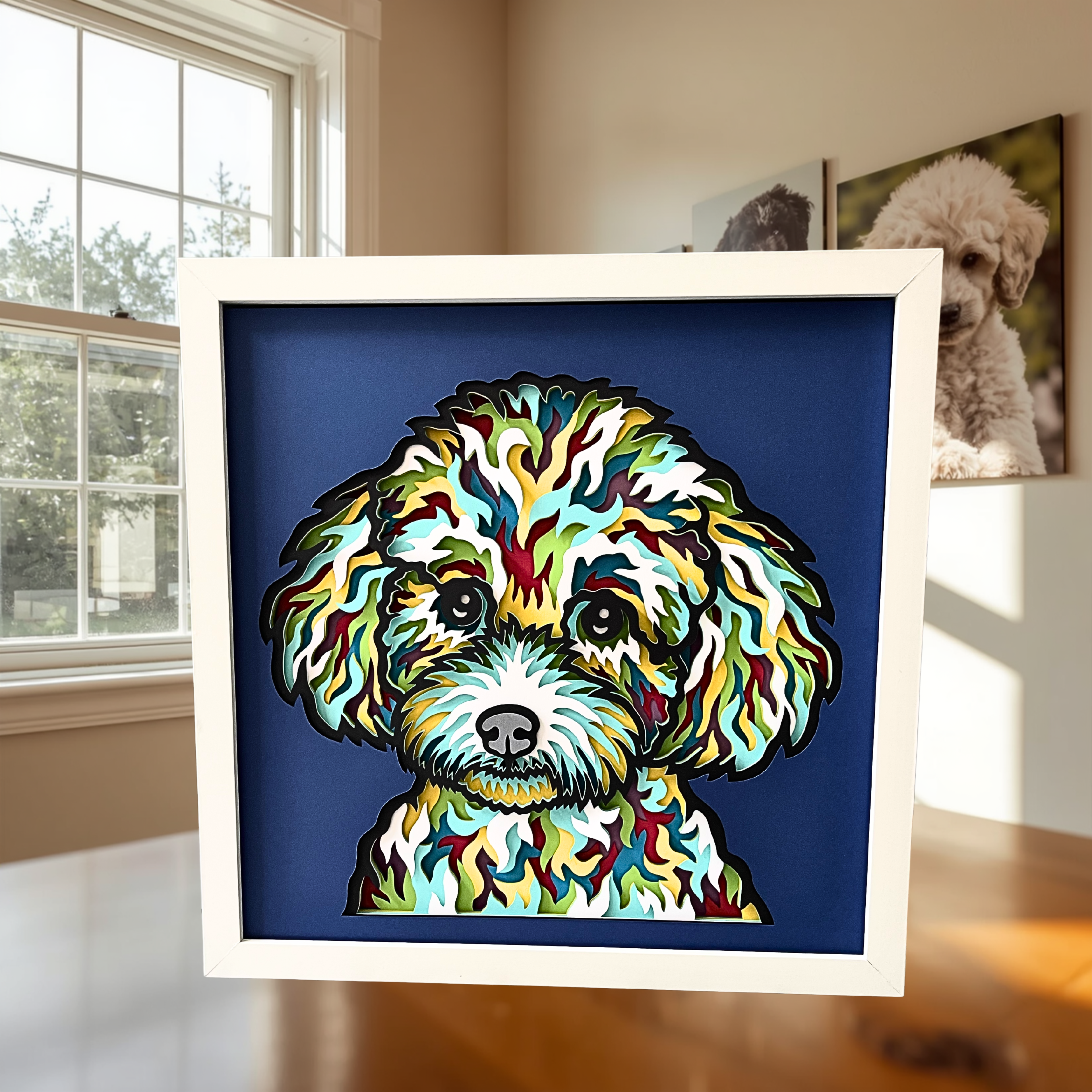 Poodle Shadow Box Art – 12x12 Layered Paper Dog Wall Decor | Handmade Poodle Gift in White Frame
