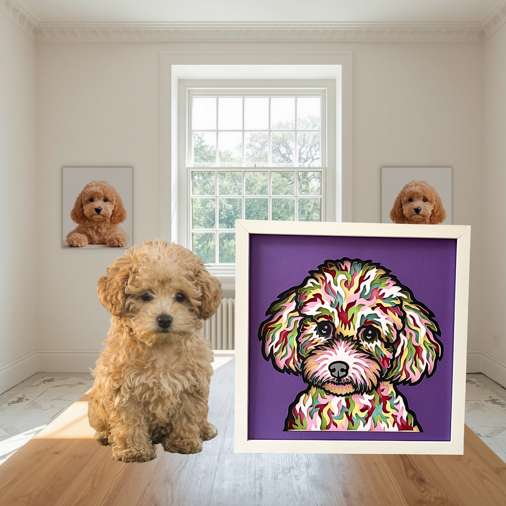 Poodle Shadow Box Art – 12x12 Layered Paper Dog Wall Decor | Handmade Poodle Gift in White Frame