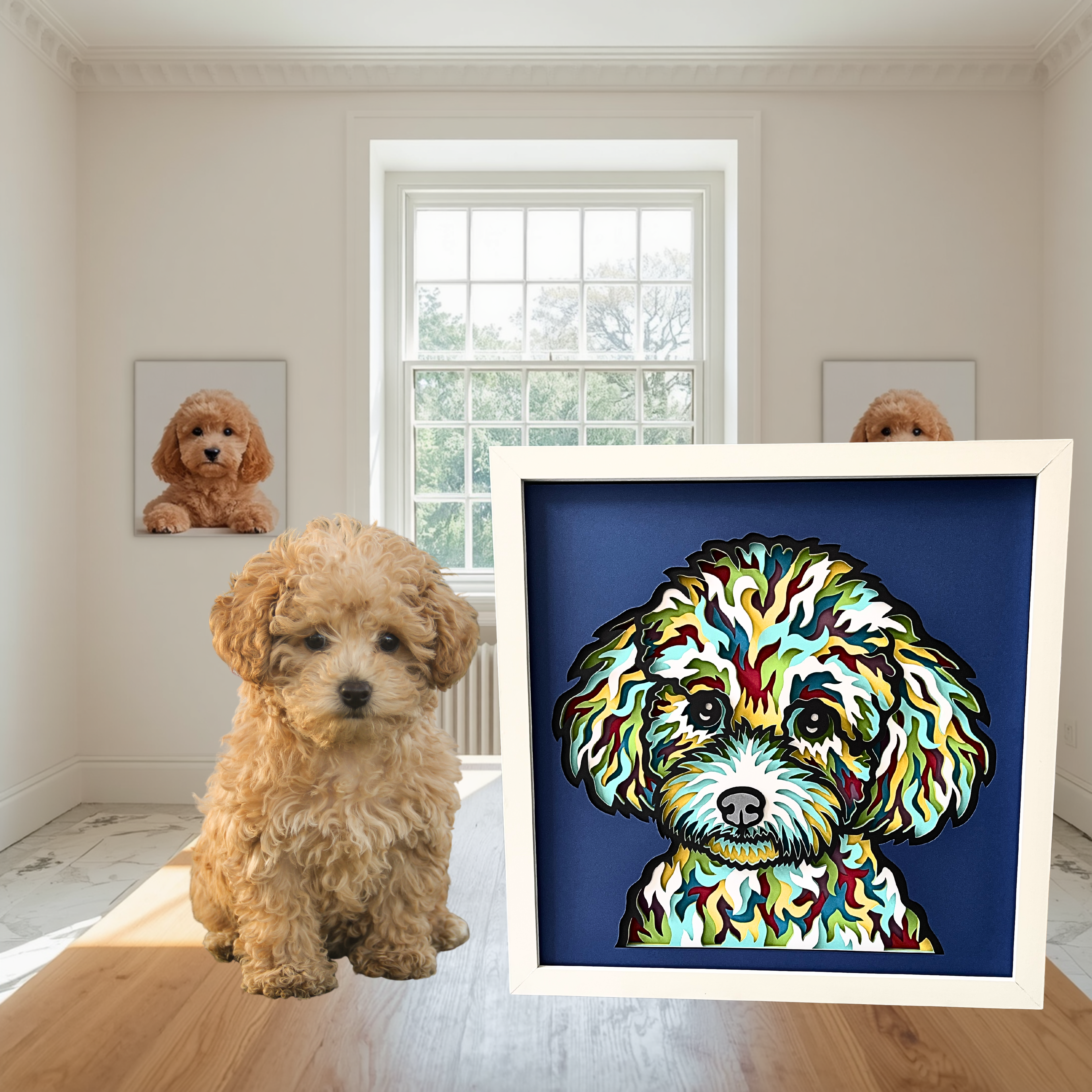 Poodle Shadow Box Art – 12x12 Layered Paper Dog Wall Decor | Handmade Poodle Gift in White Frame