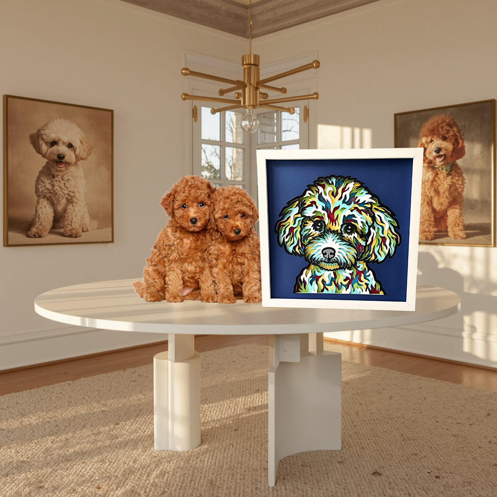 Poodle Shadow Box Art – 12x12 Layered Paper Dog Wall Decor | Handmade Poodle Gift in White Frame