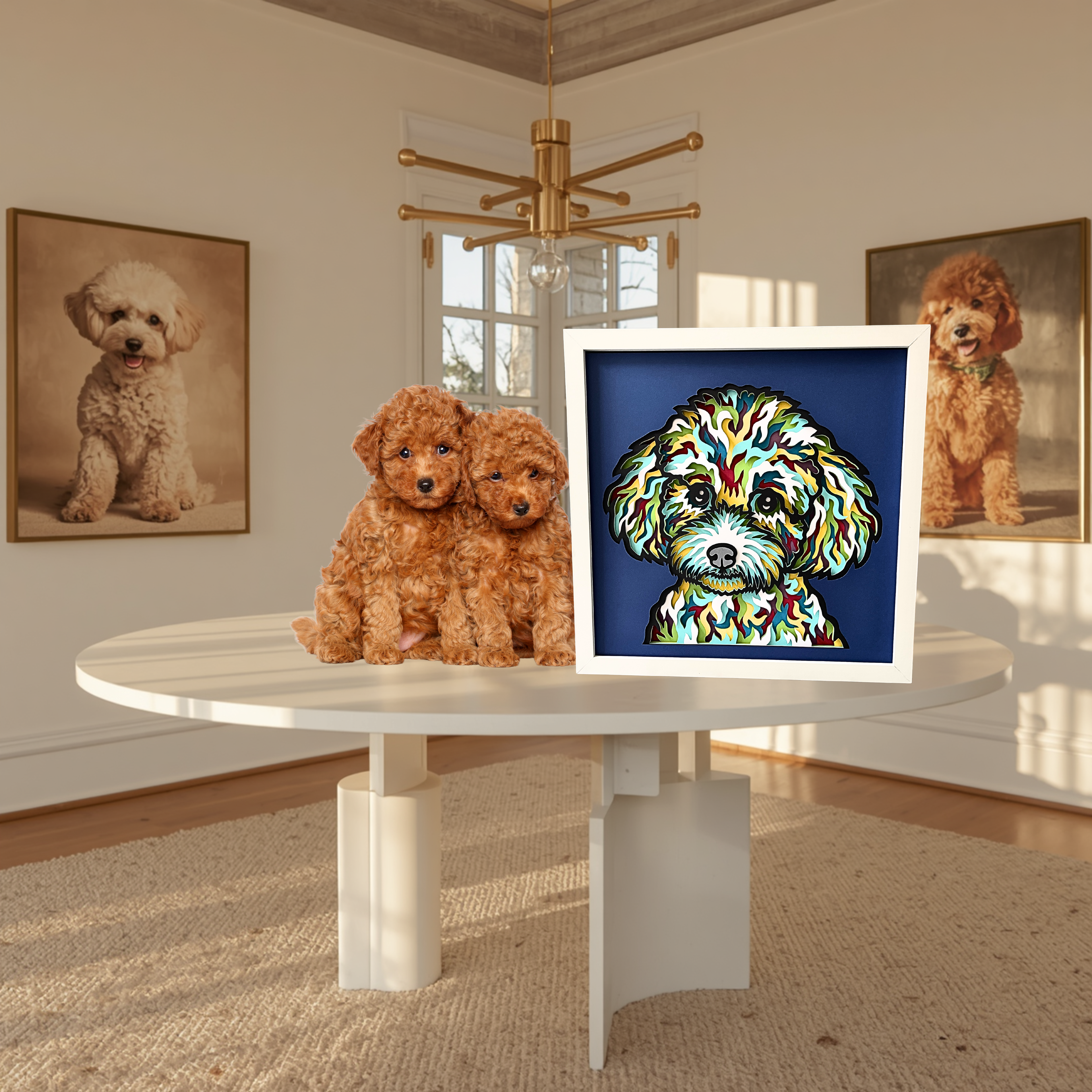 Poodle Shadow Box Art – 12x12 Layered Paper Dog Wall Decor | Handmade Poodle Gift in White Frame