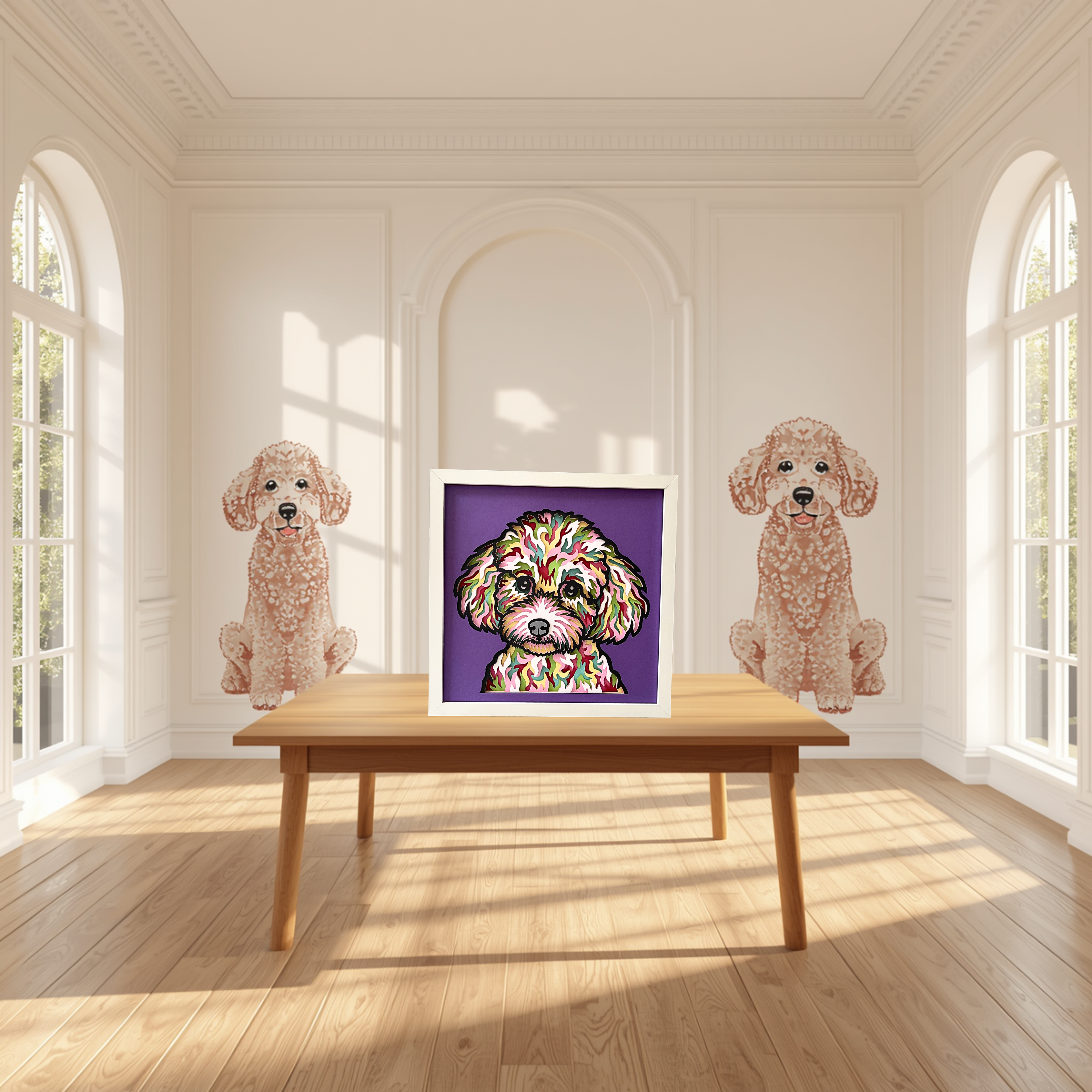 Poodle Shadow Box Art – 12x12 Layered Paper Dog Wall Decor | Handmade Poodle Gift in White Frame
