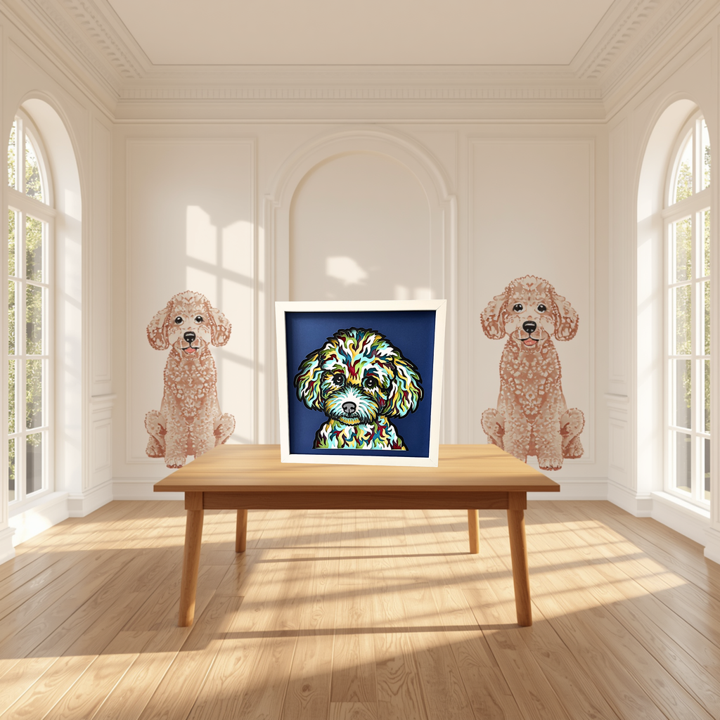 Poodle Shadow Box Art – 12x12 Layered Paper Dog Wall Decor | Handmade Poodle Gift in White Frame