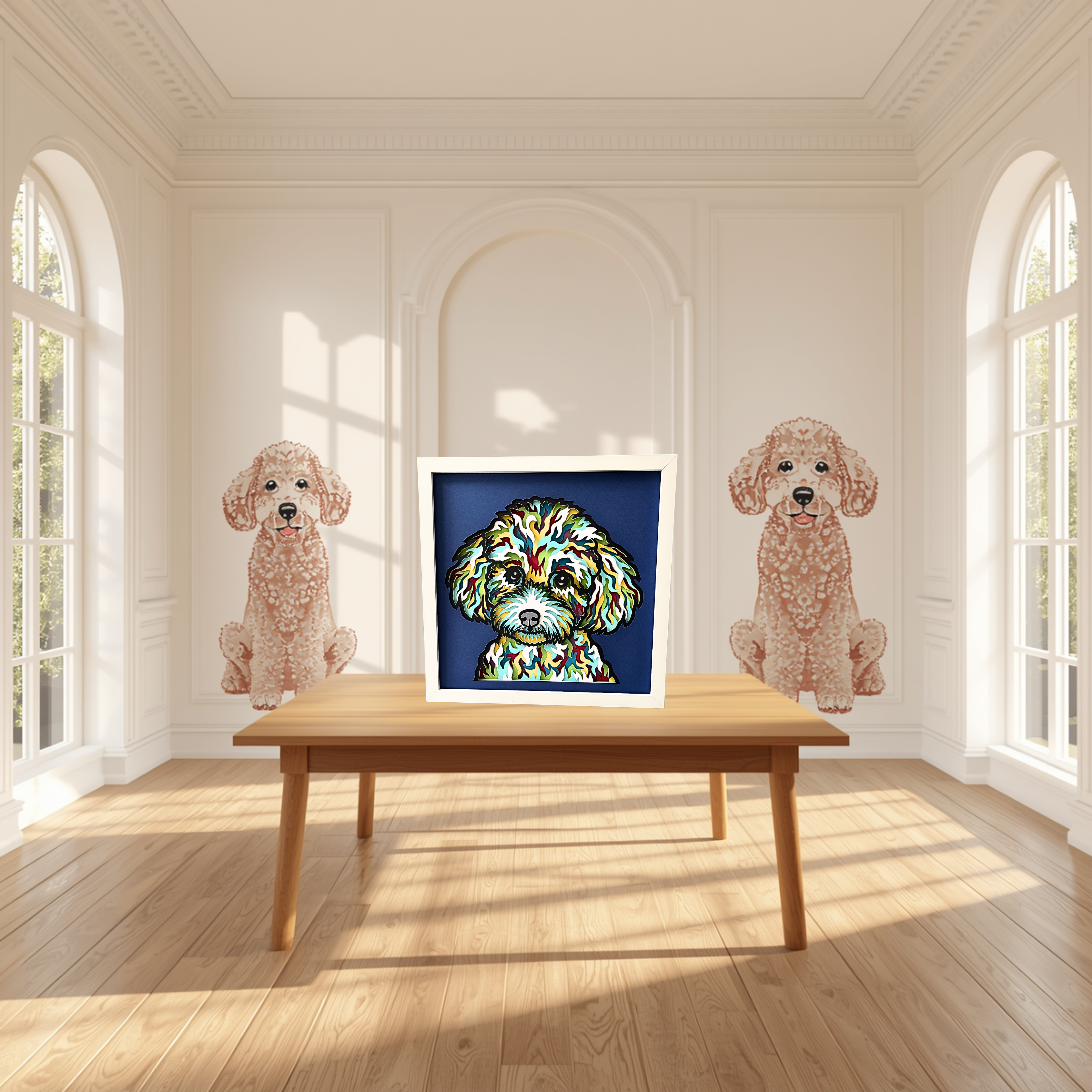 Poodle Shadow Box Art – 12x12 Layered Paper Dog Wall Decor | Handmade Poodle Gift in White Frame