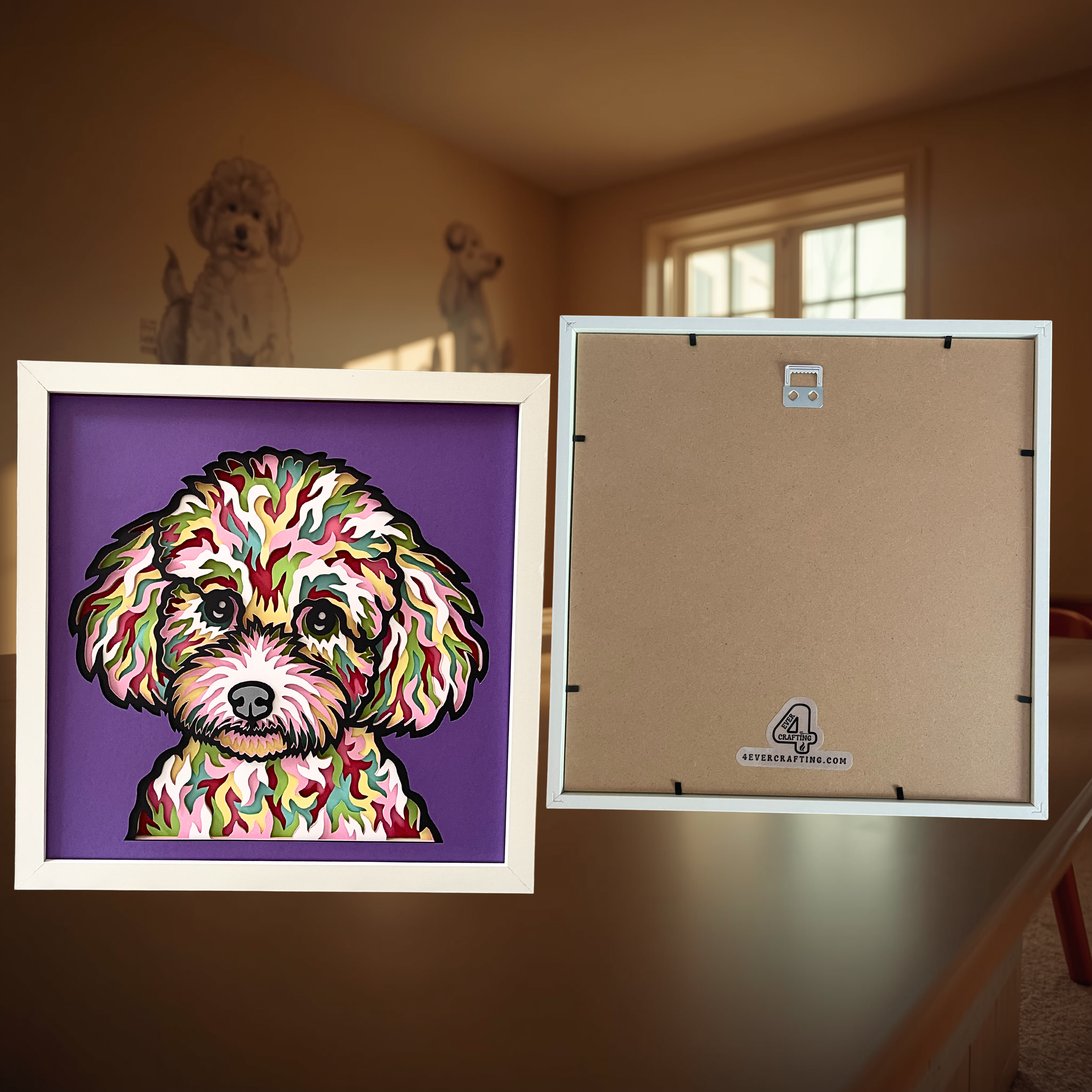 Poodle Shadow Box Art – 12x12 Layered Paper Dog Wall Decor | Handmade Poodle Gift in White Frame