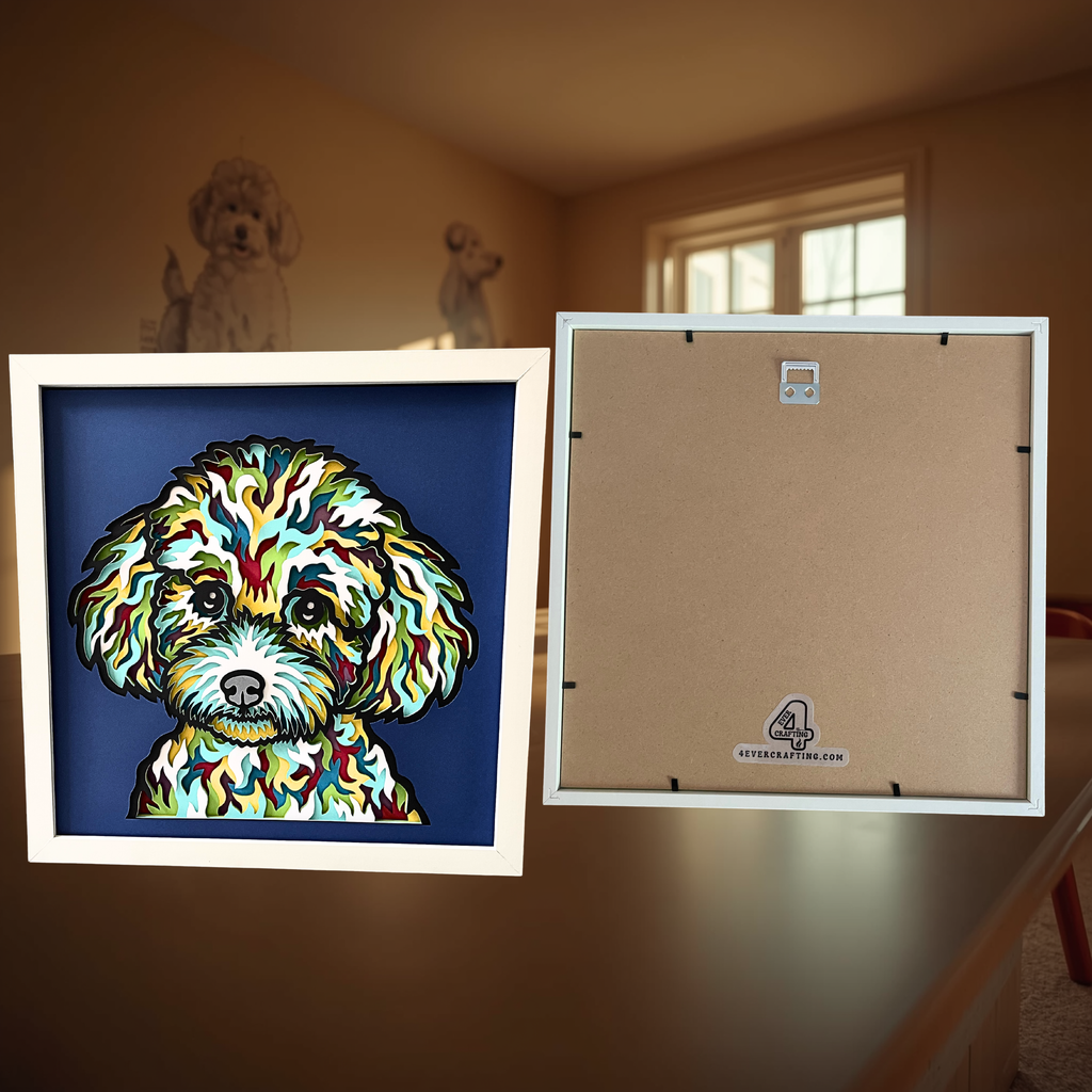 Poodle Shadow Box Art – 12x12 Layered Paper Dog Wall Decor | Handmade Poodle Gift in White Frame