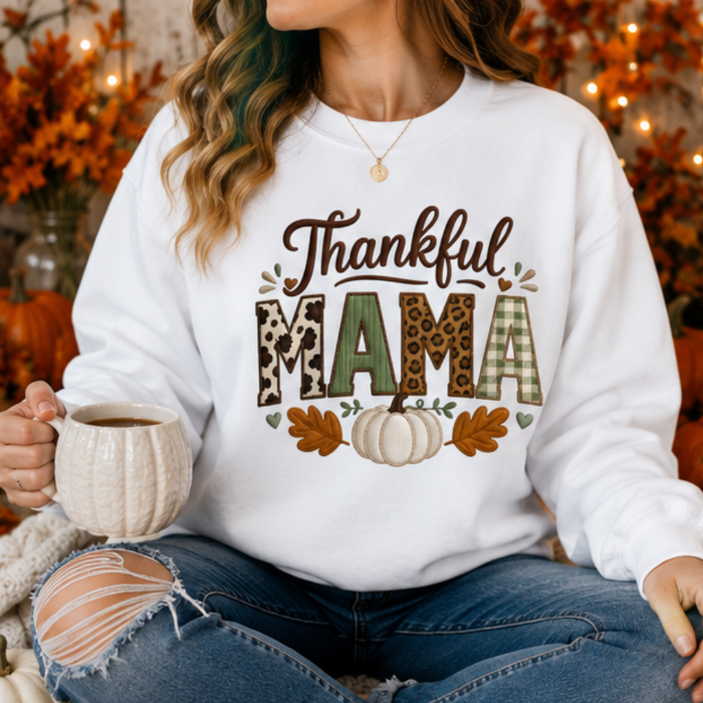 Thankful Mama Fall Sweatshirt | Cozy Thanksgiving Crewneck for Moms | Printed Autumn Pumpkin Sweatshirt